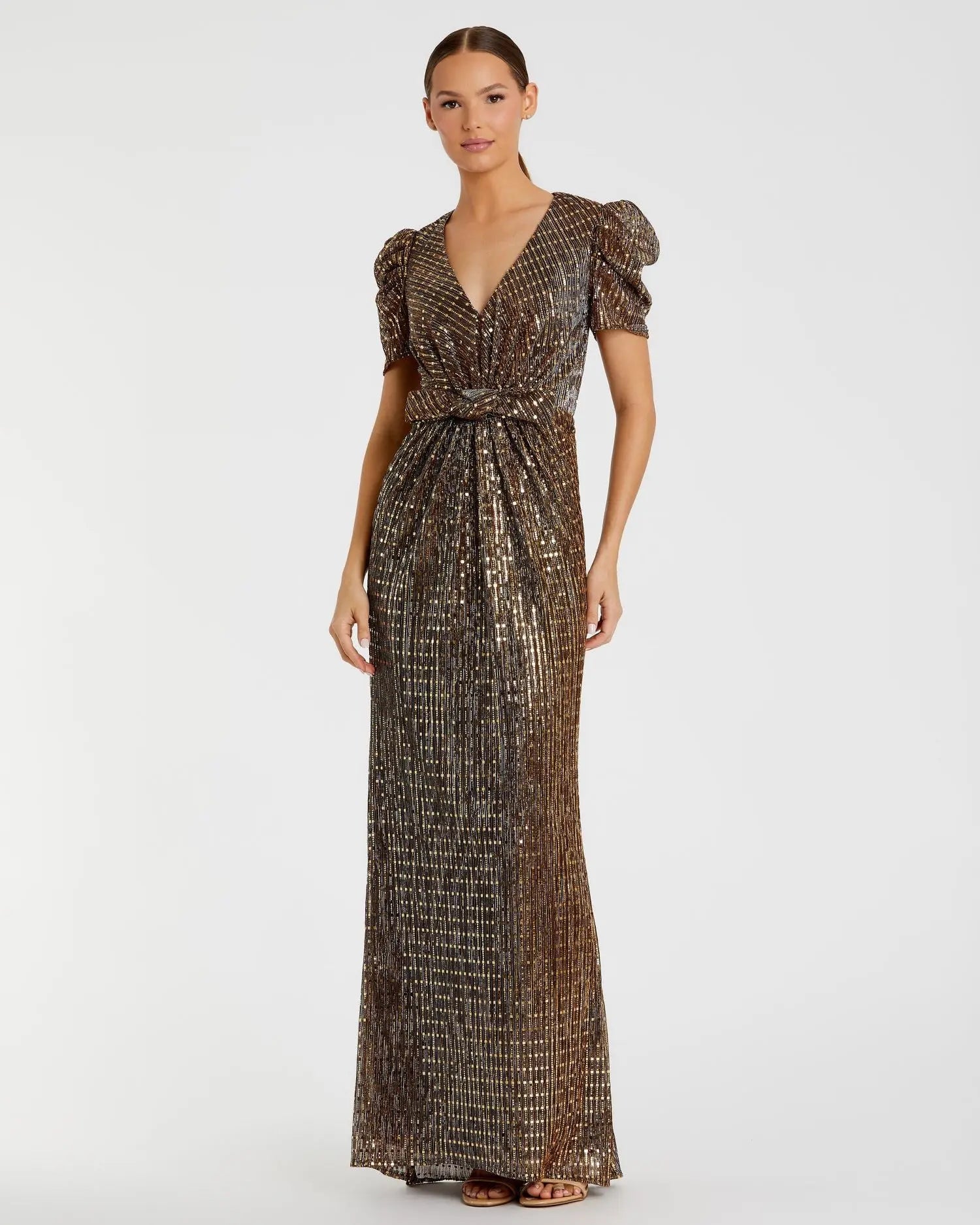 Brown Bow Waist Cap Sleeve Metallic Gown - Mac Duggal