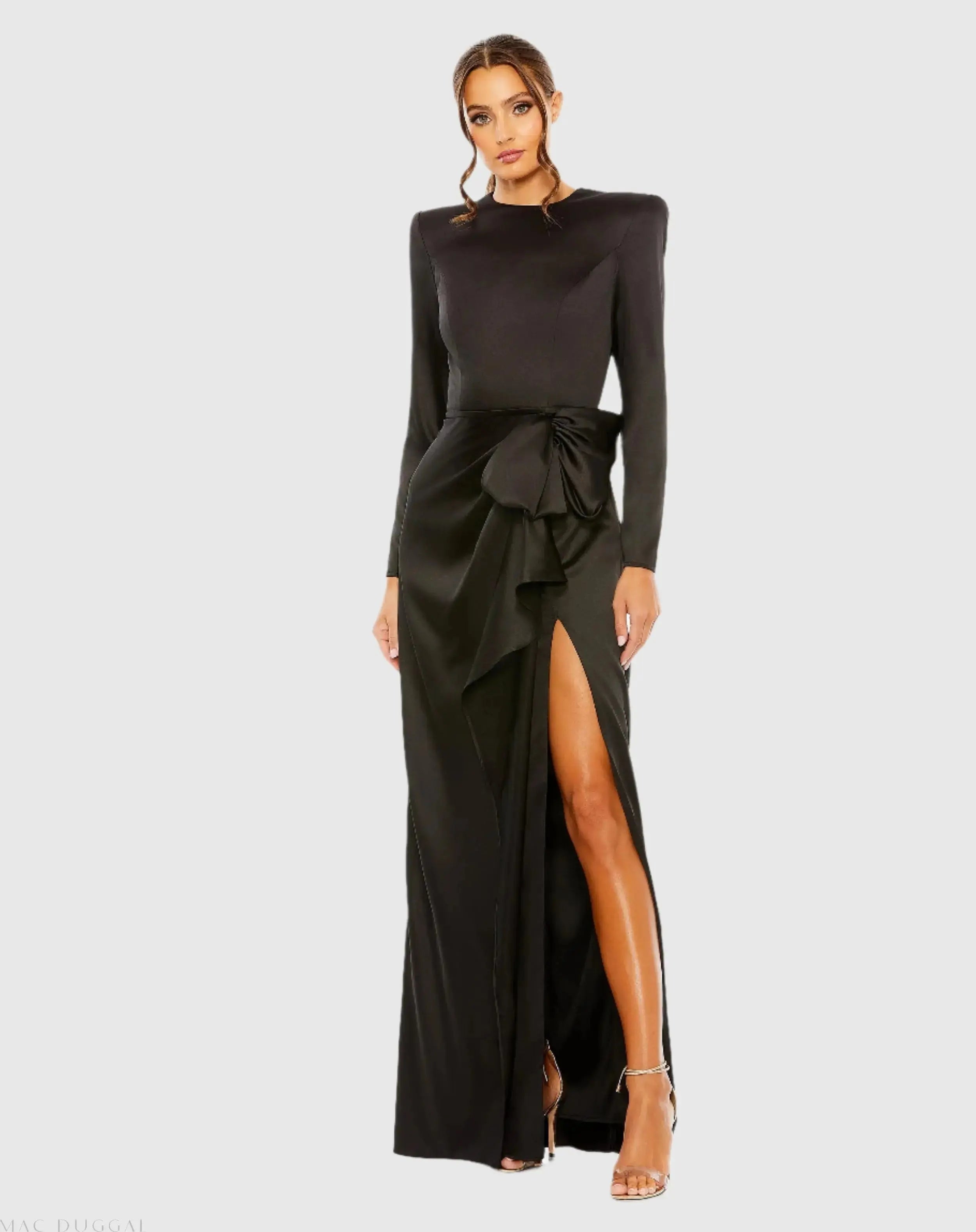 Black Long Sleeve Satin Structured Bow Draped Column Gown - Ieena for Mac Duggal