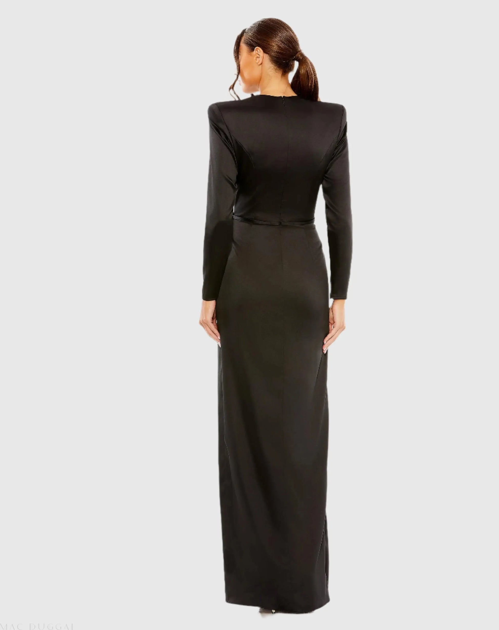 Black Long Sleeve Satin Structured Bow Draped Column Gown - Mac Duggal Black Long Sleeve Satin Structured Bow Draped Column Gown - Mac Duggal