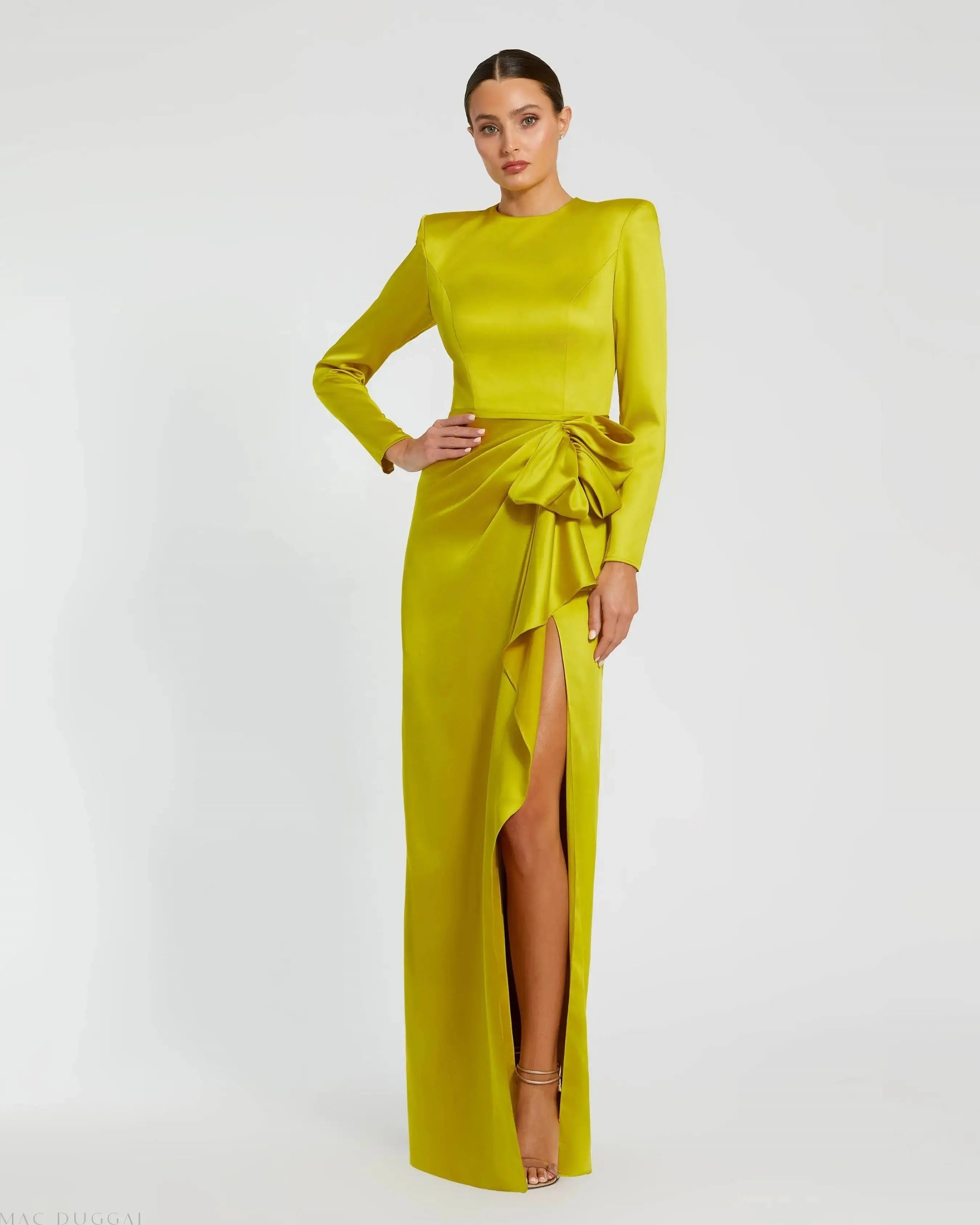 Green Long Sleeve Satin Structured Bow Draped Column Gown - Ieena for Mac Duggal