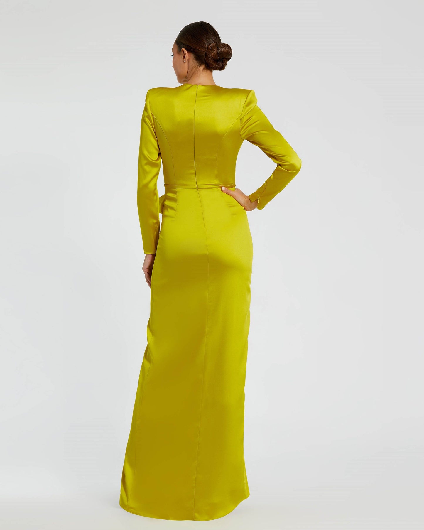 Chartreuse Long Sleeve Structured Bow Draped Gown