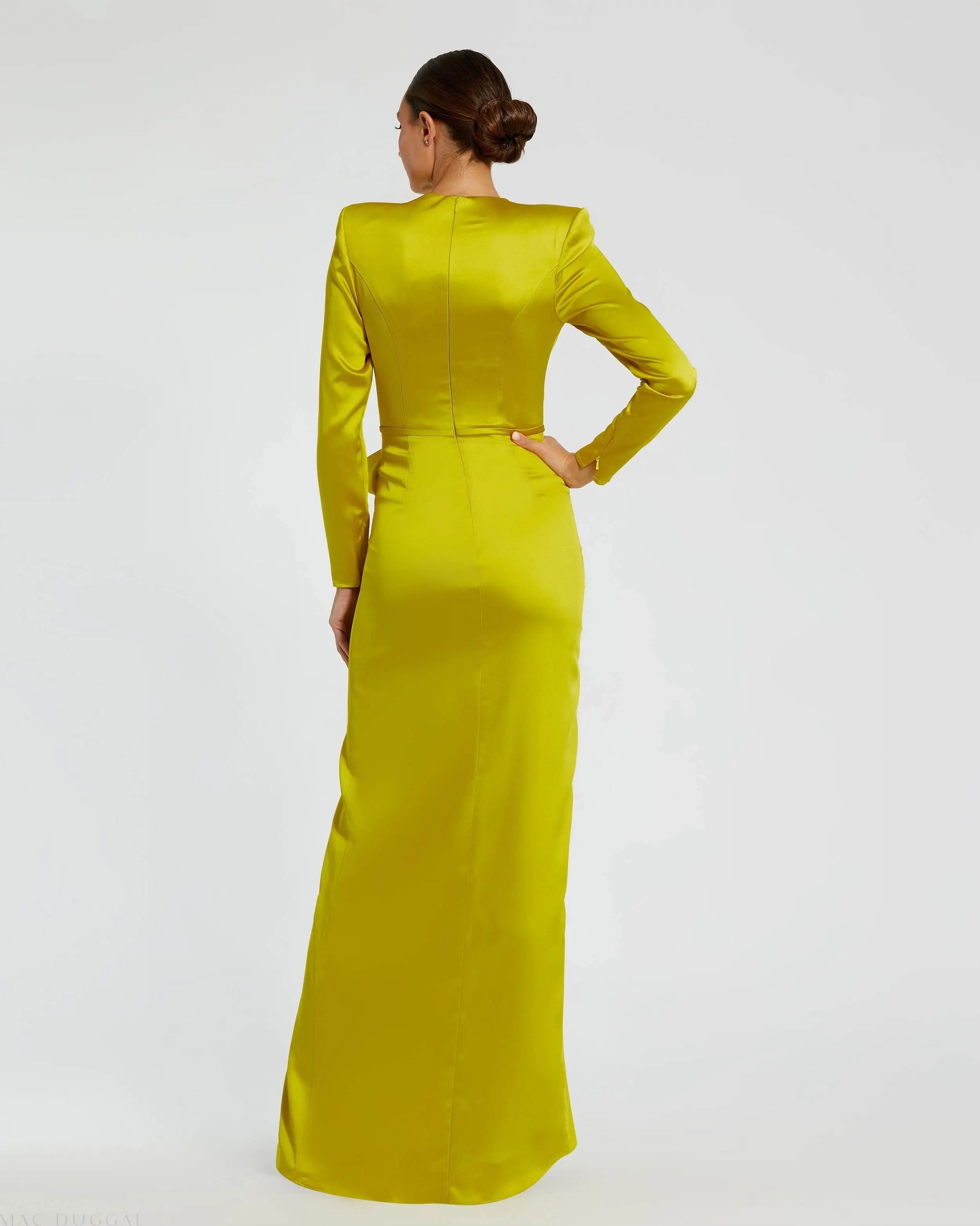 Green Long Sleeve Satin Structured Bow Draped Column Gown - Ieena for Mac Duggal