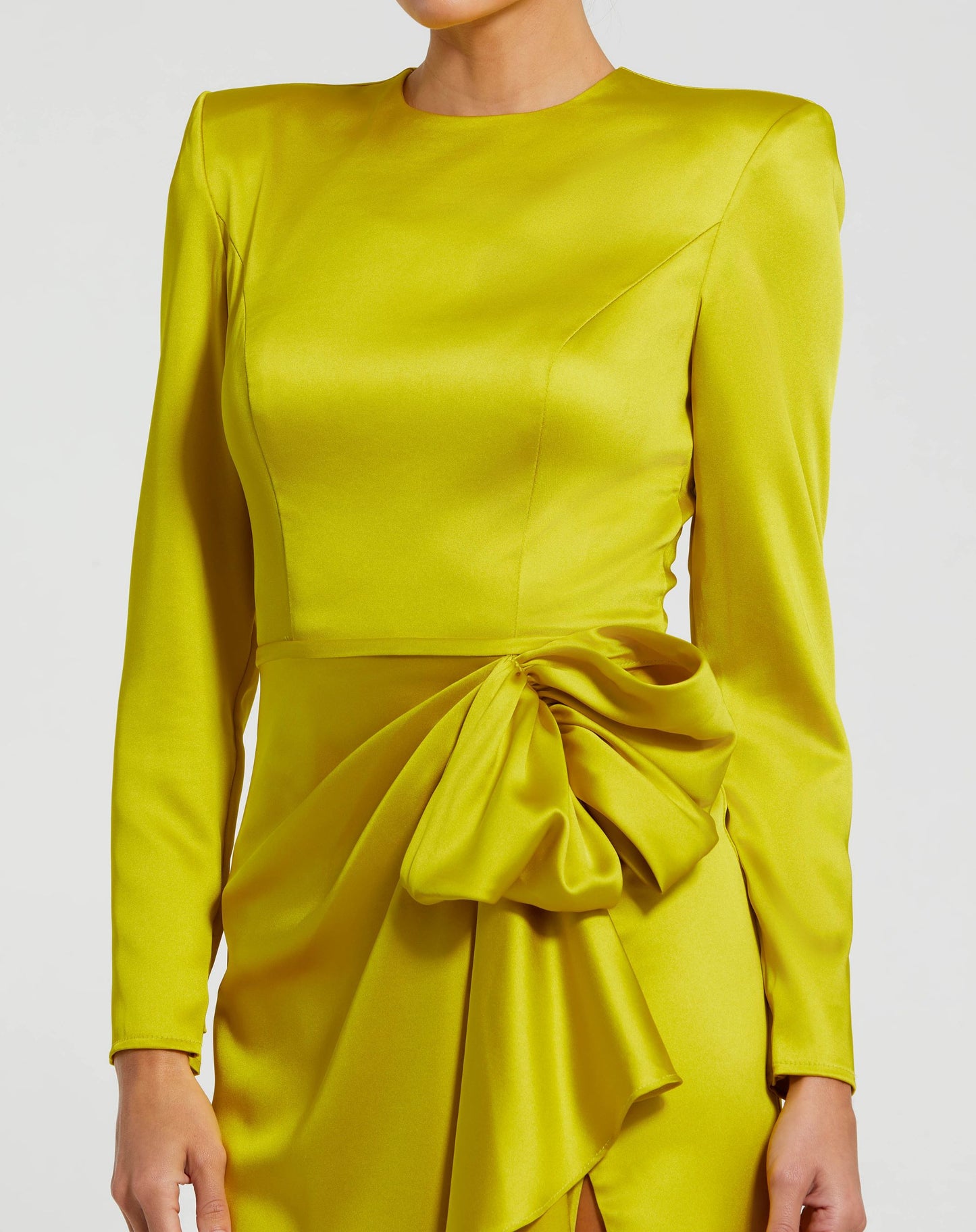 Chartreuse Long Sleeve Structured Bow Draped Gown