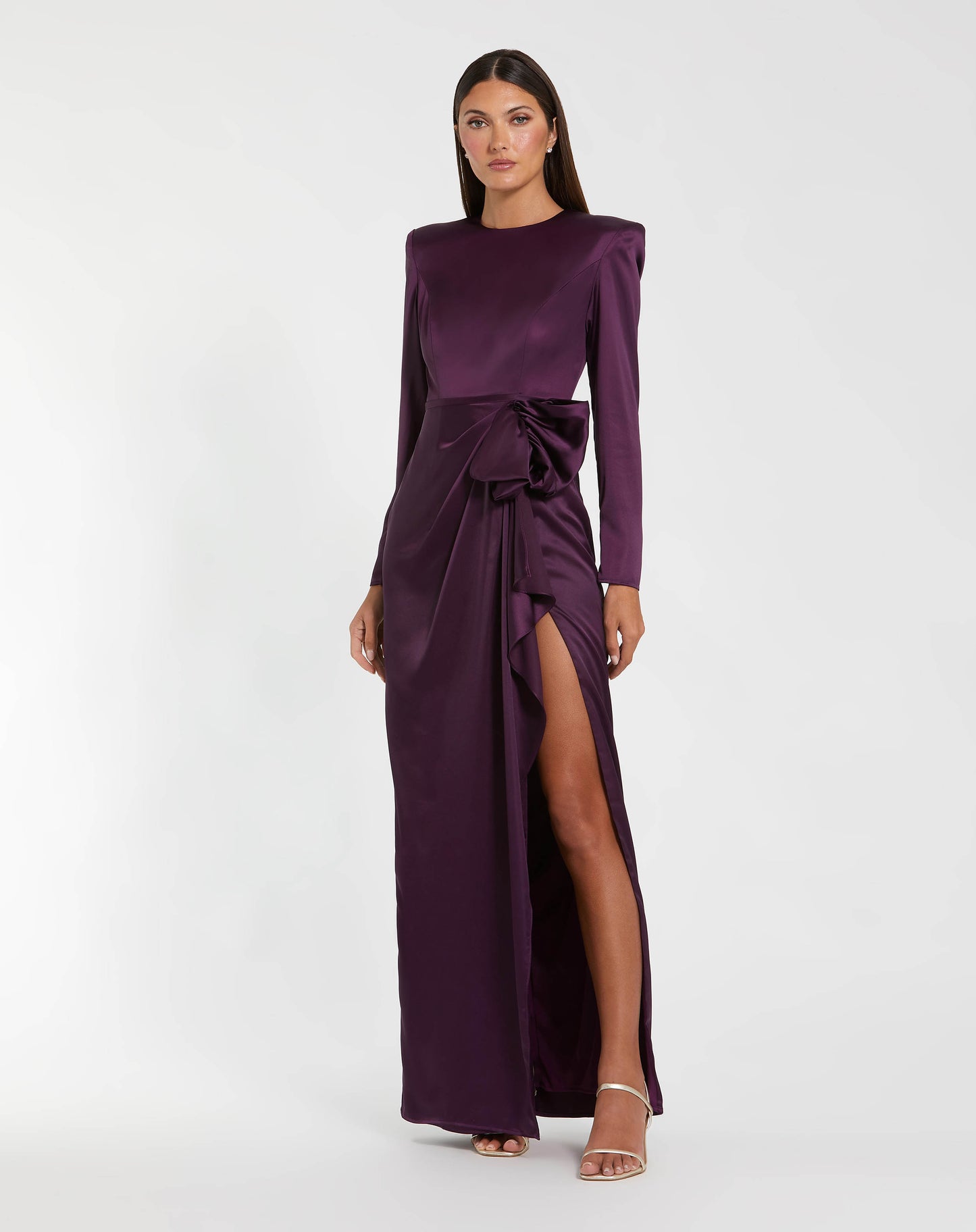 Dark Purple Long Sleeve Structured Bow Draped Column Gown - Ieena for Mac Duggal