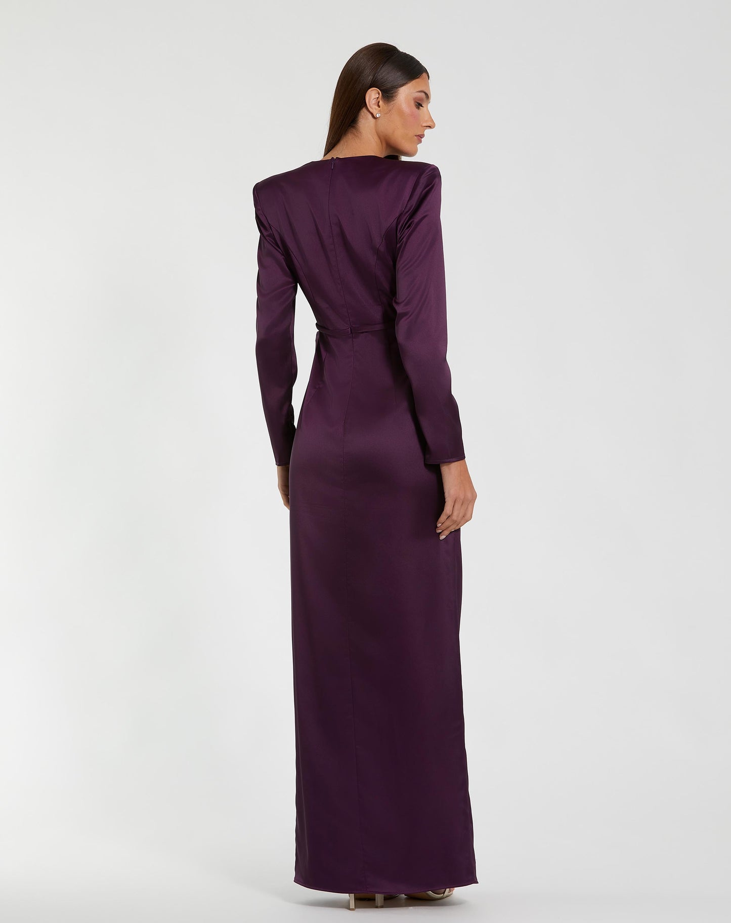 Dark Purple Long Sleeve Structured Bow Draped Column Gown - Ieena for Mac Duggal