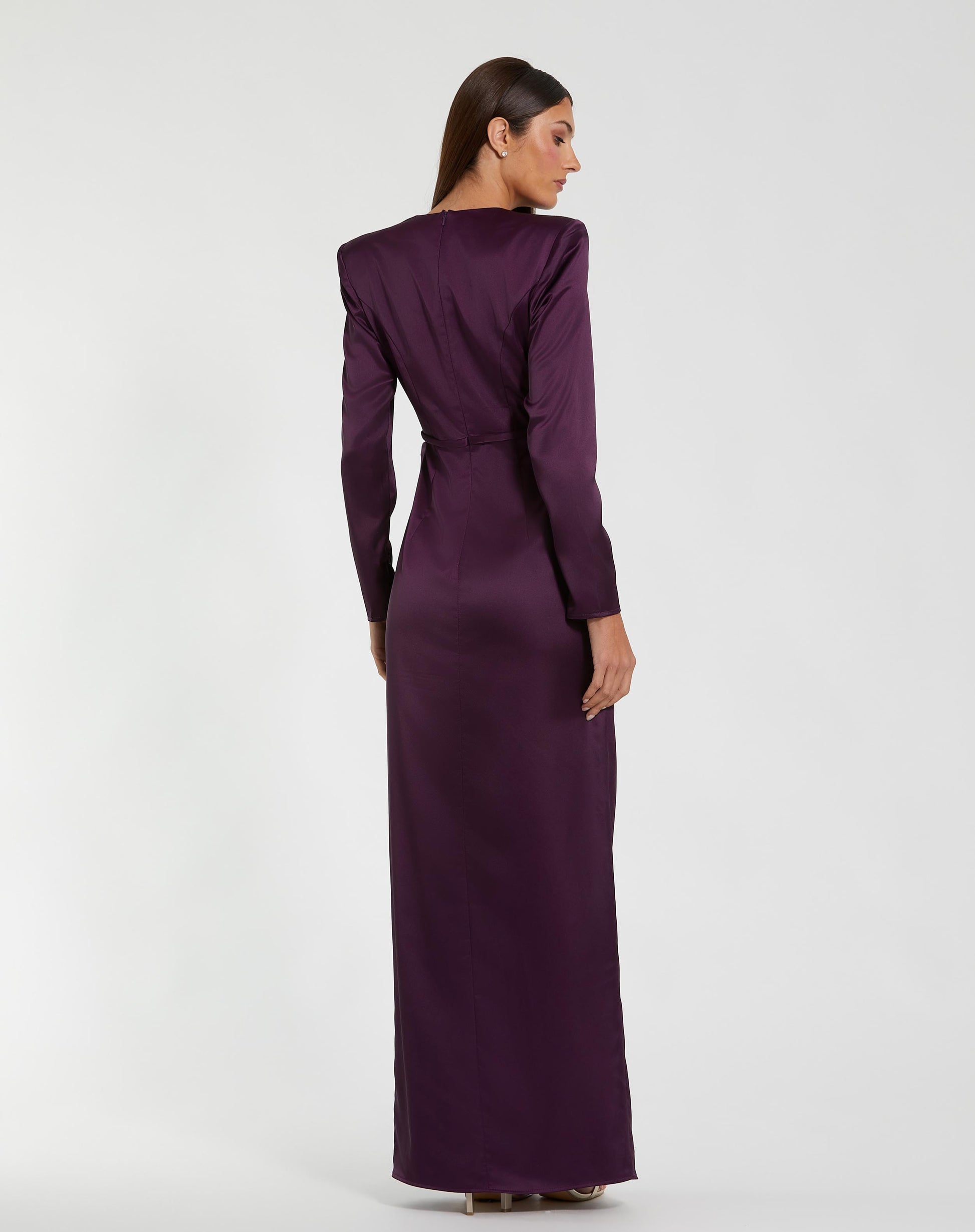 Dark Purple Long Sleeve Structured Bow Draped Column Gown - Ieena for Mac Duggal