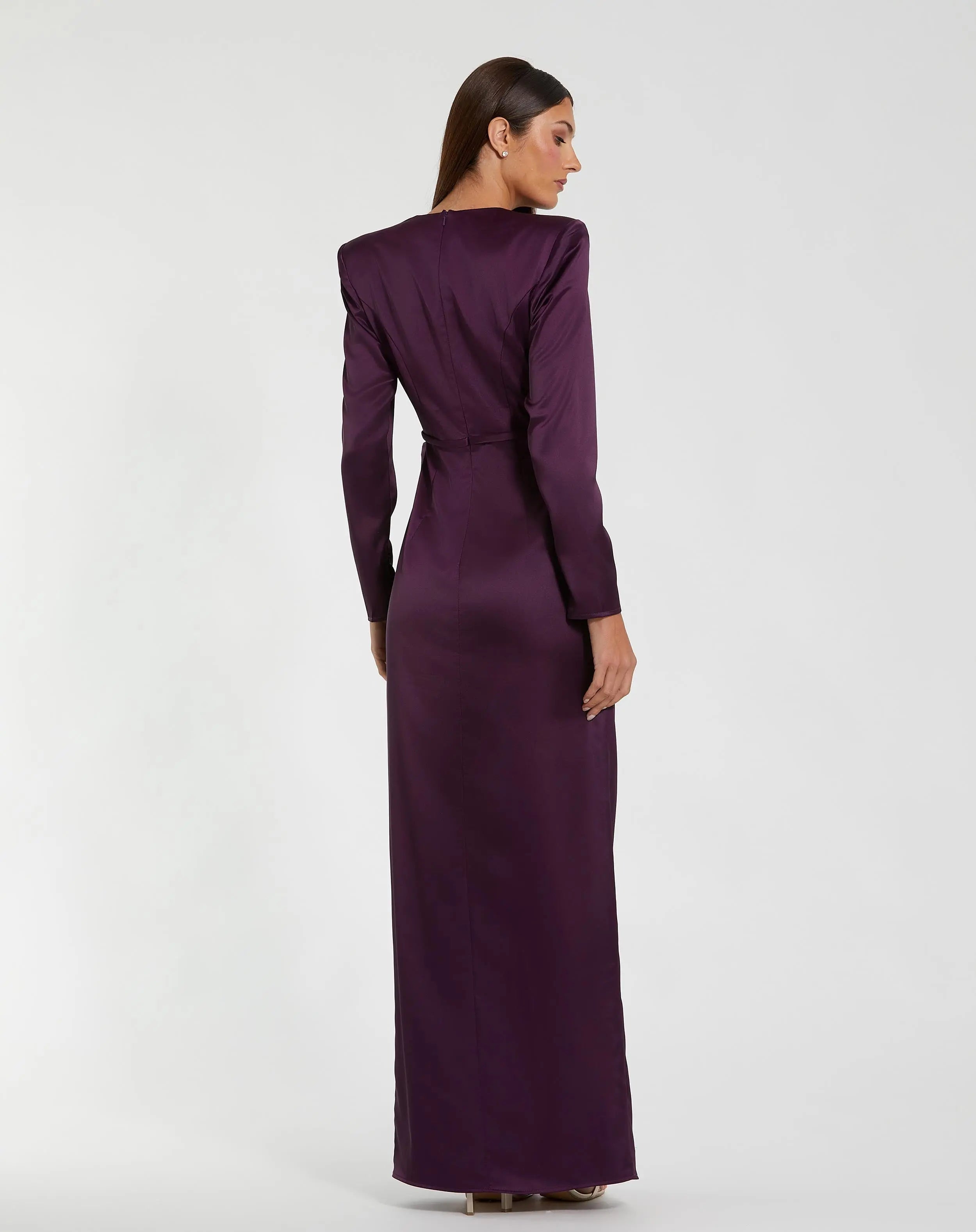 Dark Purple Long Sleeve Structured Bow Draped Column Gown - Ieena for Mac Duggal