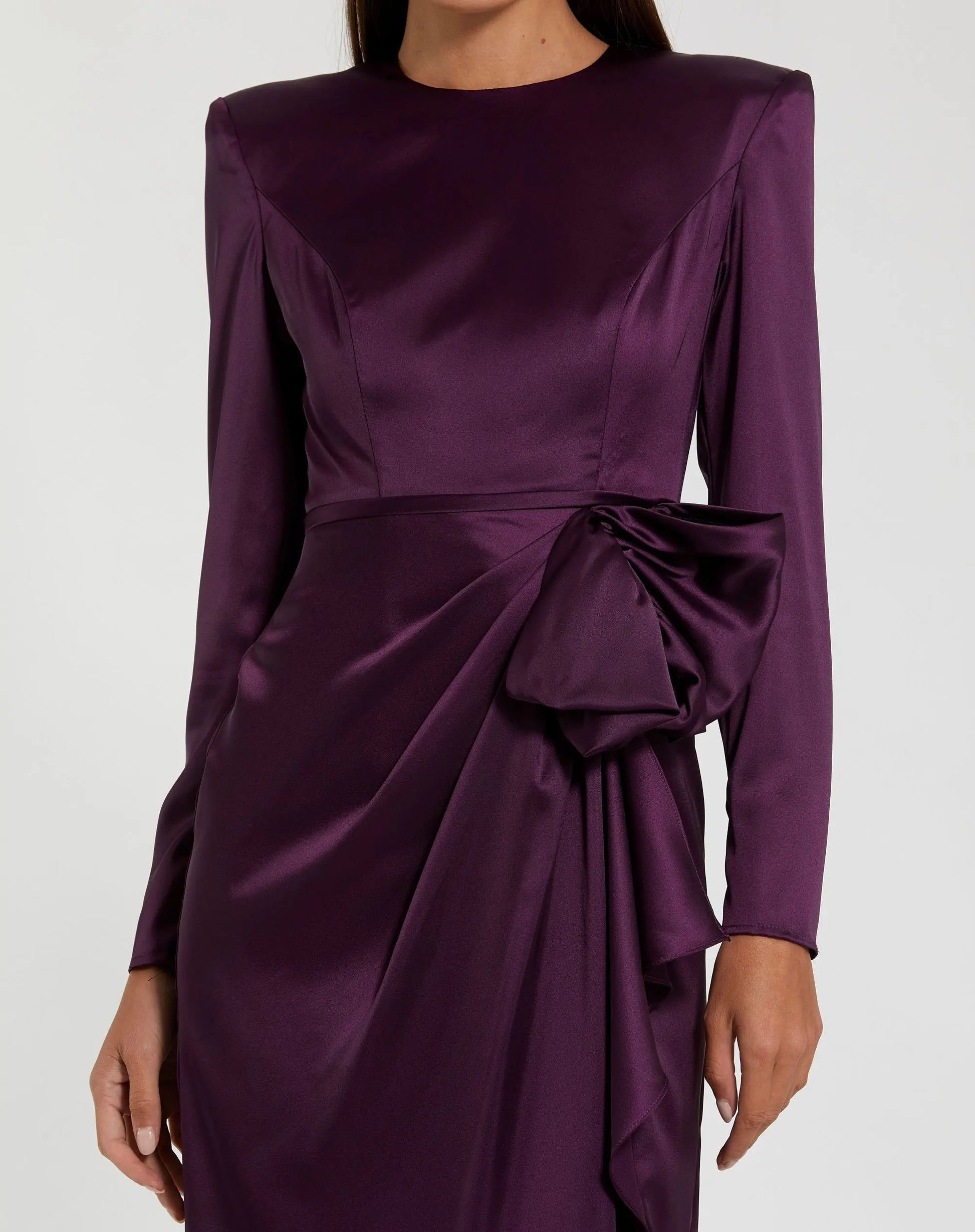 Mac Duggal Women's Long Sleeve Structured Bow Draped Gown - Purple - Size 14 - Eggplant Mac Duggal Women's Long Sleeve Structured Bow Draped Gown - Purple - Size 14 - Eggplant