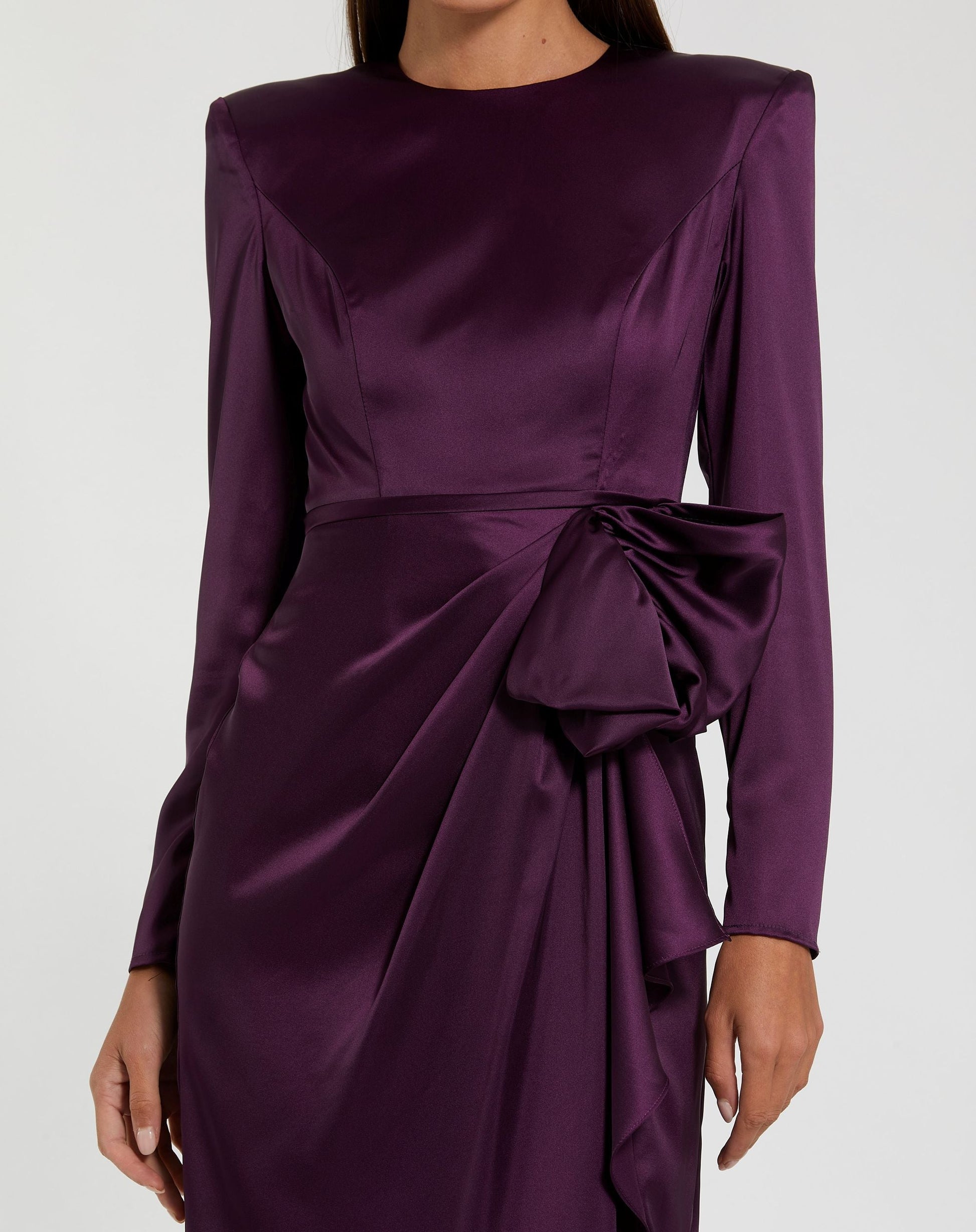 Dark Purple Long Sleeve Structured Bow Draped Column Gown - Ieena for Mac Duggal