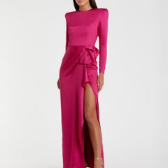 Long Sleeve Structured Bow Draped Gown