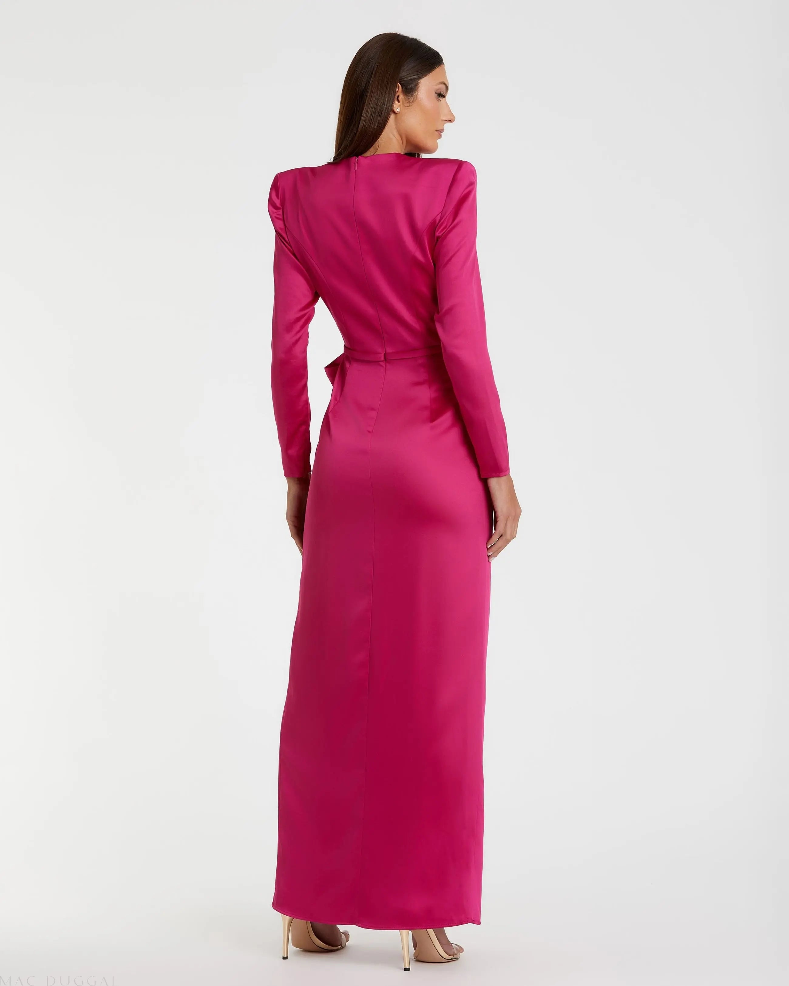 Pink Long Sleeve Satin Structured Bow Draped Column Gown - Ieena for Mac Duggal