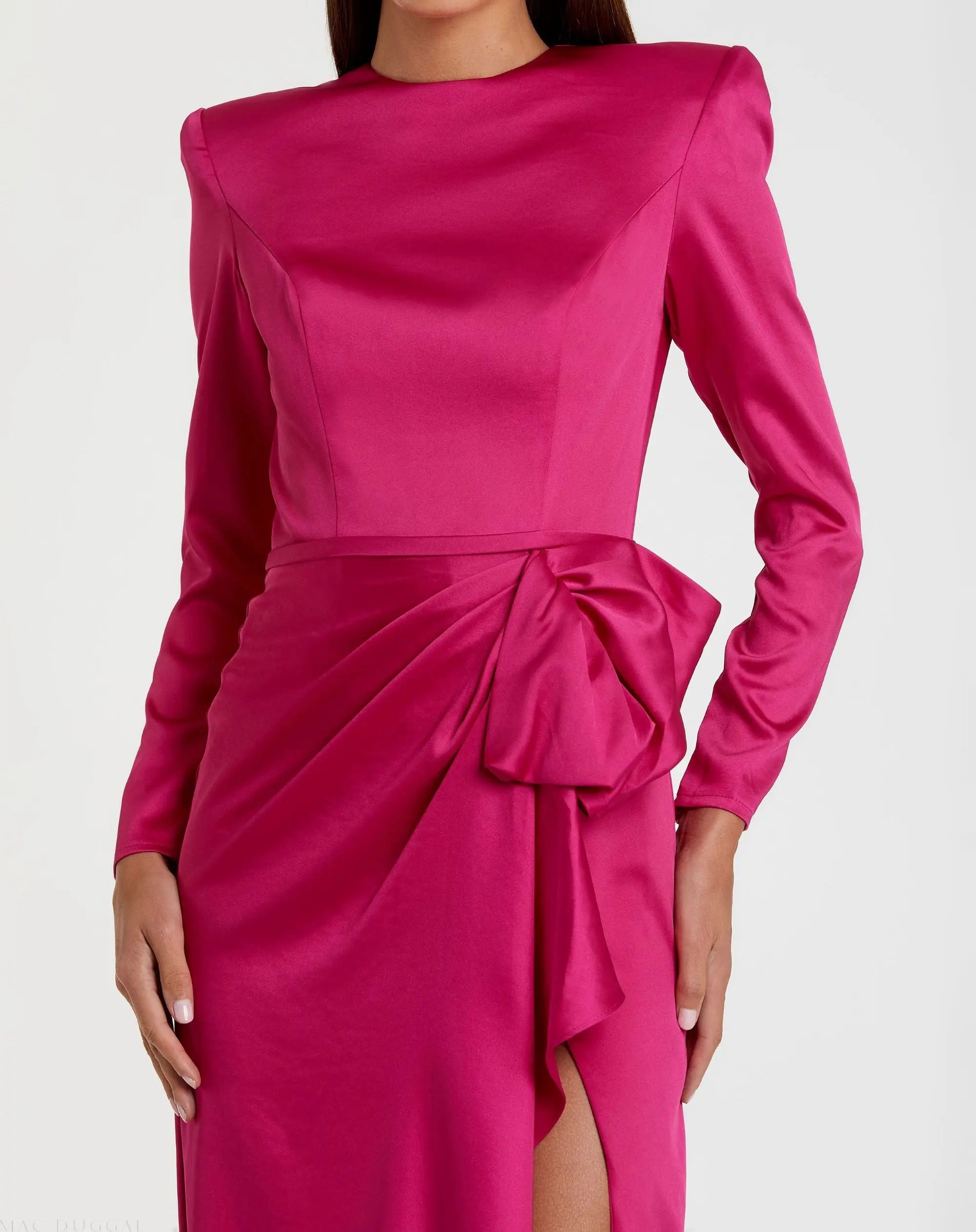 Pink Long Sleeve Satin Structured Bow Draped Column Gown - Ieena for Mac Duggal
