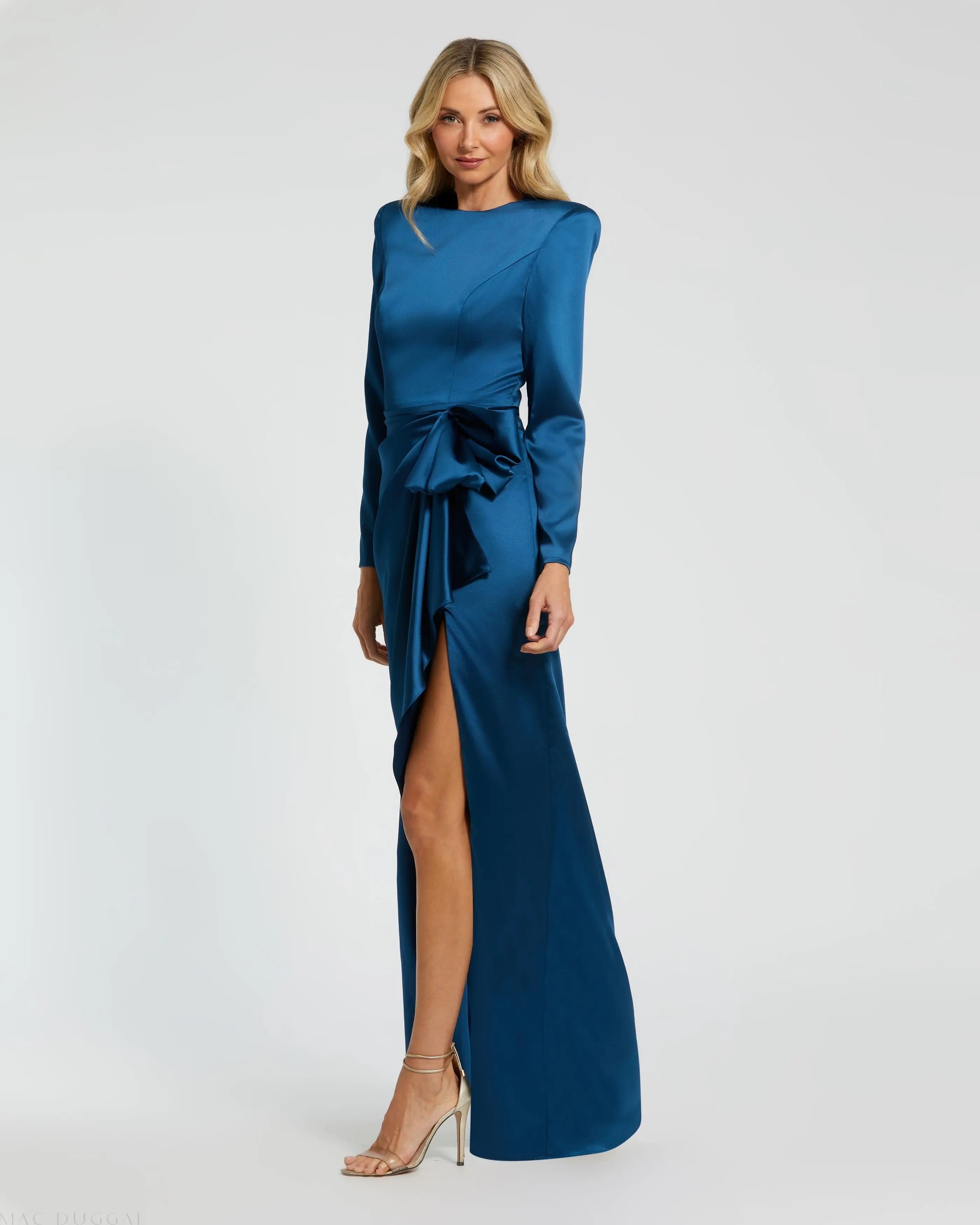 Blue Long Sleeve Satin Structured Bow Draped Column Gown - Ieena for Mac Duggal