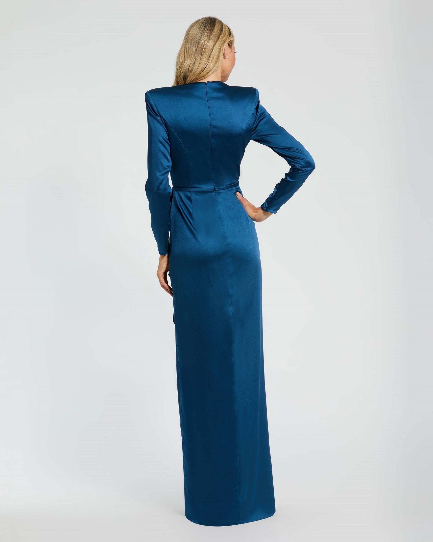 Long Sleeve Structured Bow Draped Gown