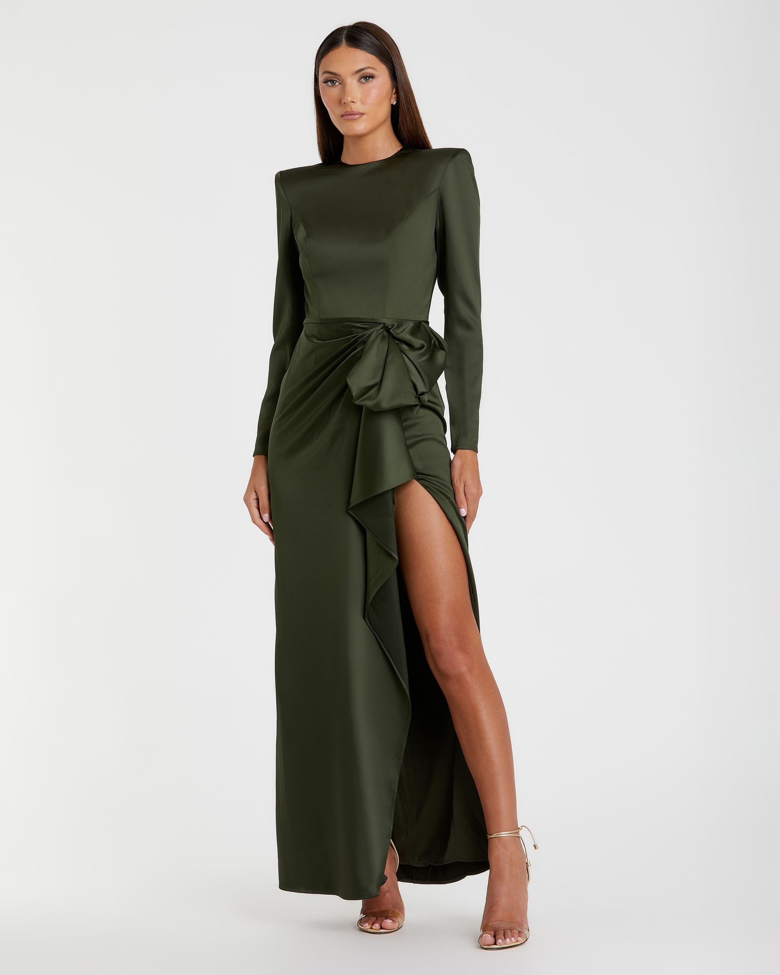 Long Sleeve Structured Bow Draped Gown