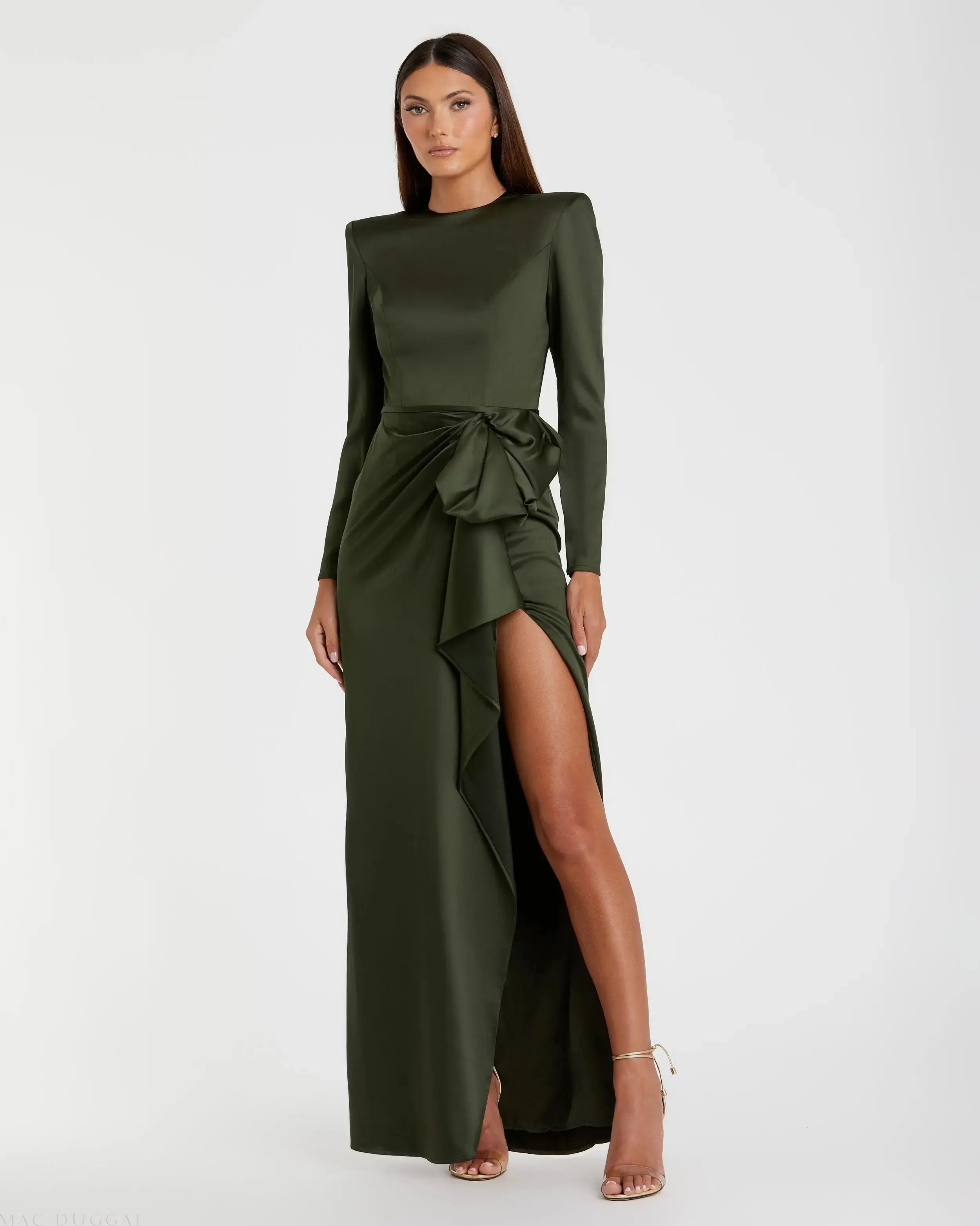Green Long Sleeve Satin Structured Bow Draped Column Gown - Ieena for Mac Duggal