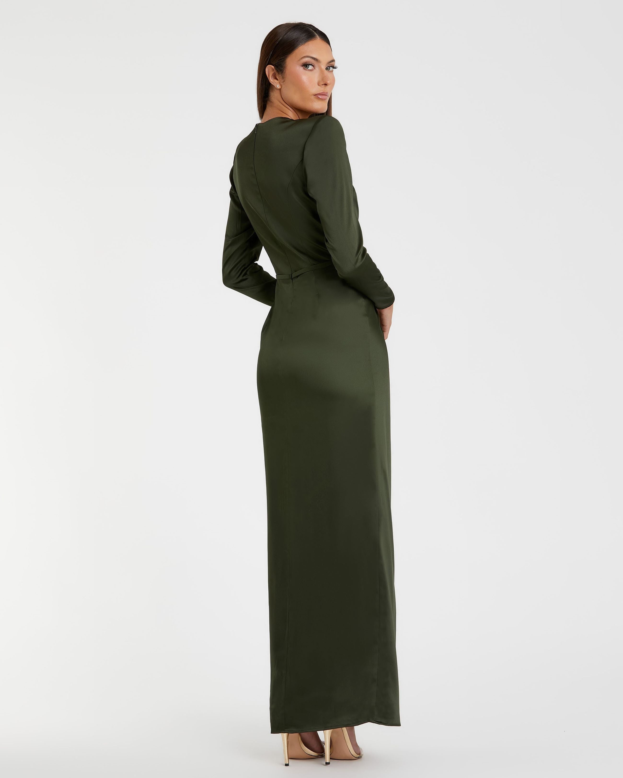 Long Sleeve Structured Bow Draped Gown