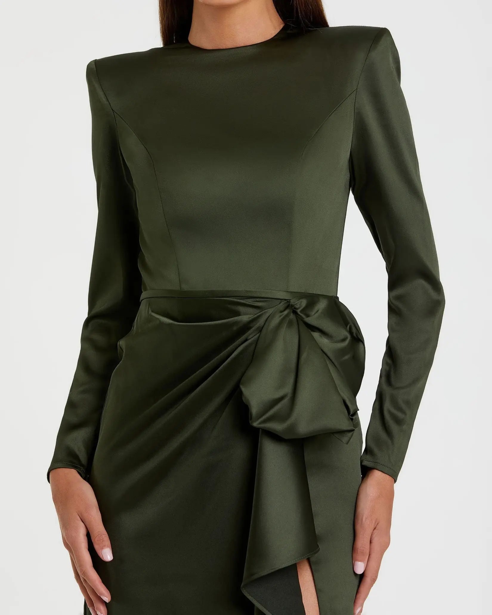 Green Long Sleeve Satin Structured Bow Draped Column Gown - Ieena for Mac Duggal