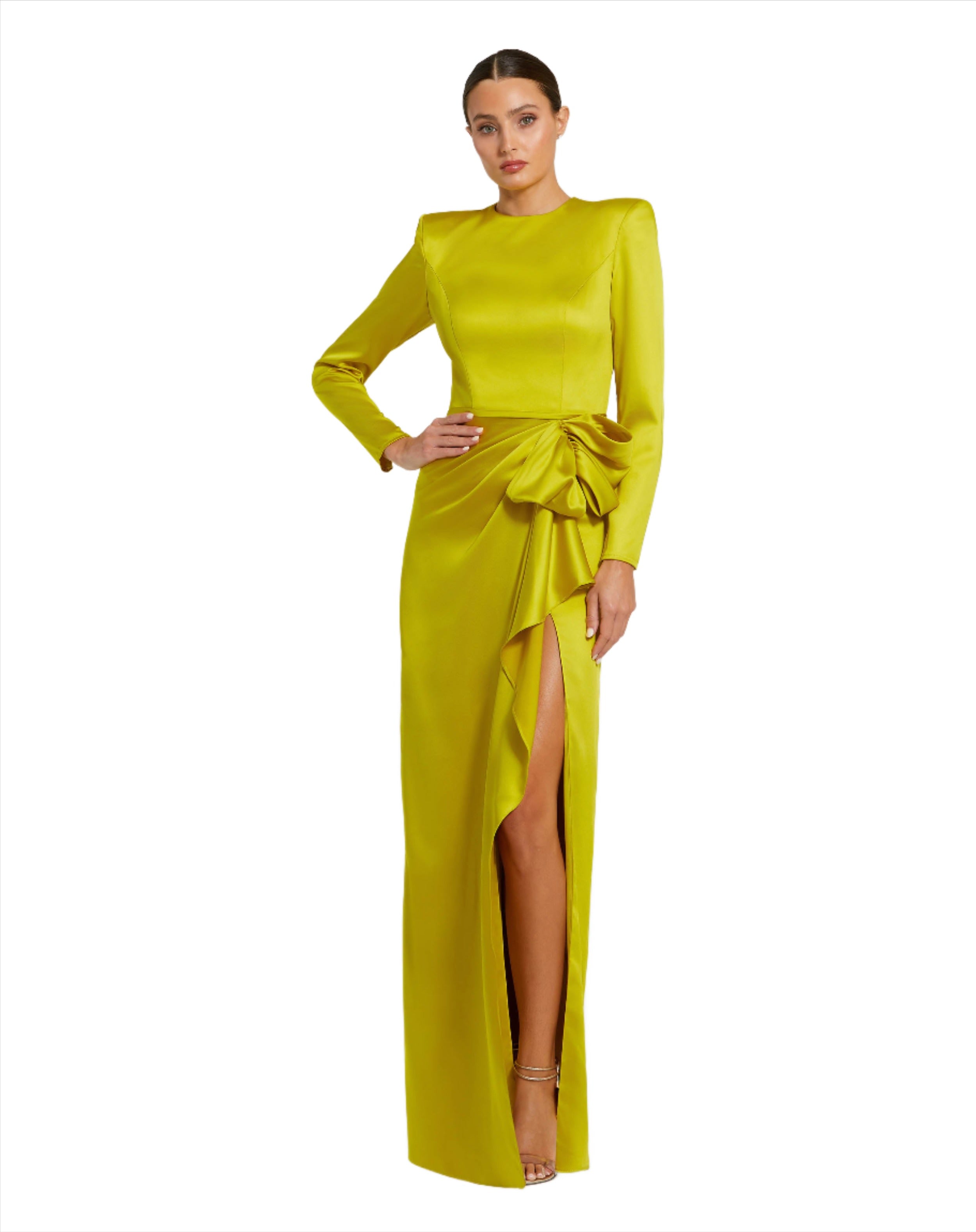 Long Sleeve Structured Bow Draped Gown