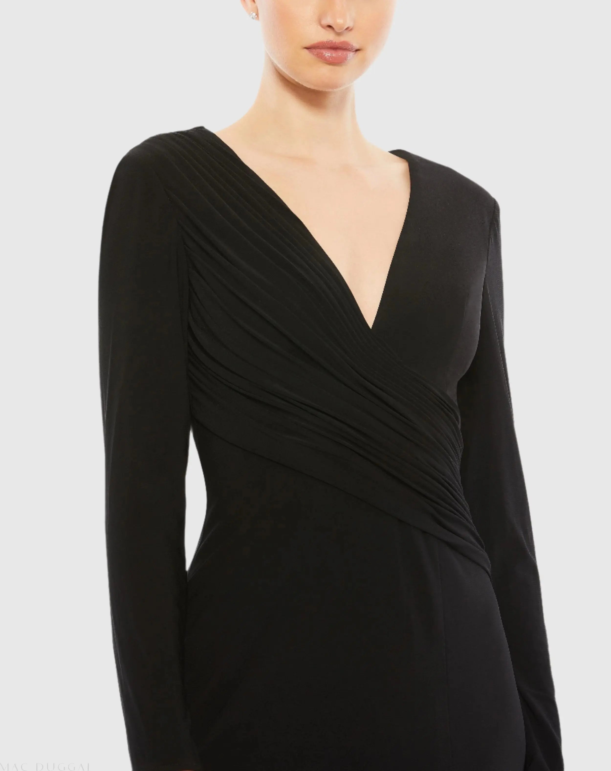 Black Jersey Long Sleeve Asymmetrical Ruched Gown - Mac Duggal