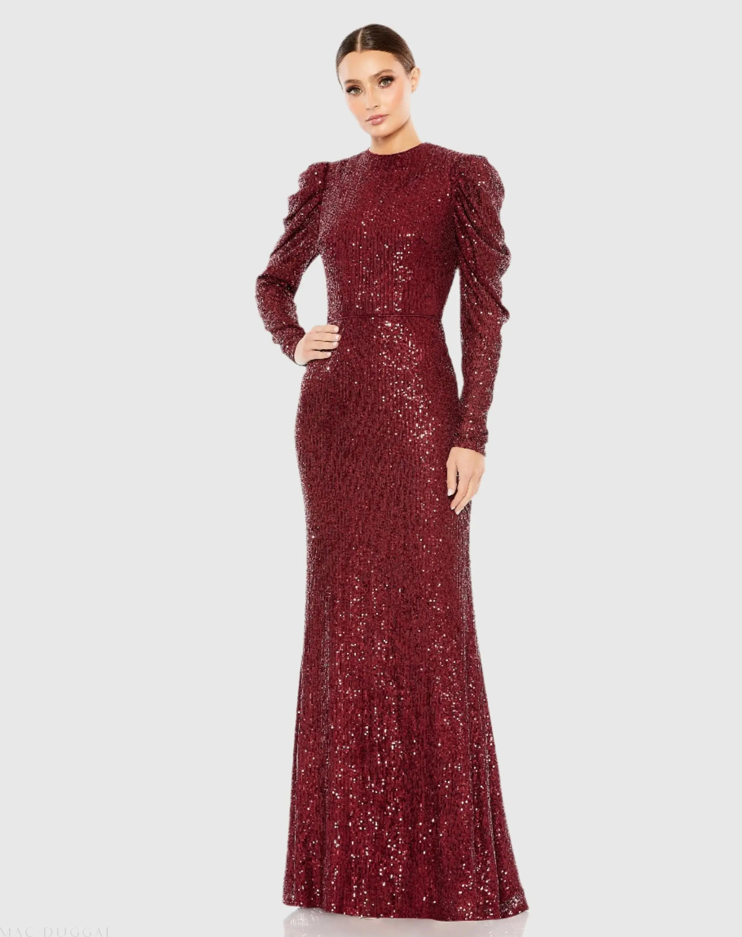 Red Sequined High Neck Puff Long Sleeve Column Gown