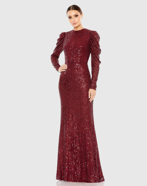 Sequined High Neck Puff Long Sleeve Column Gown