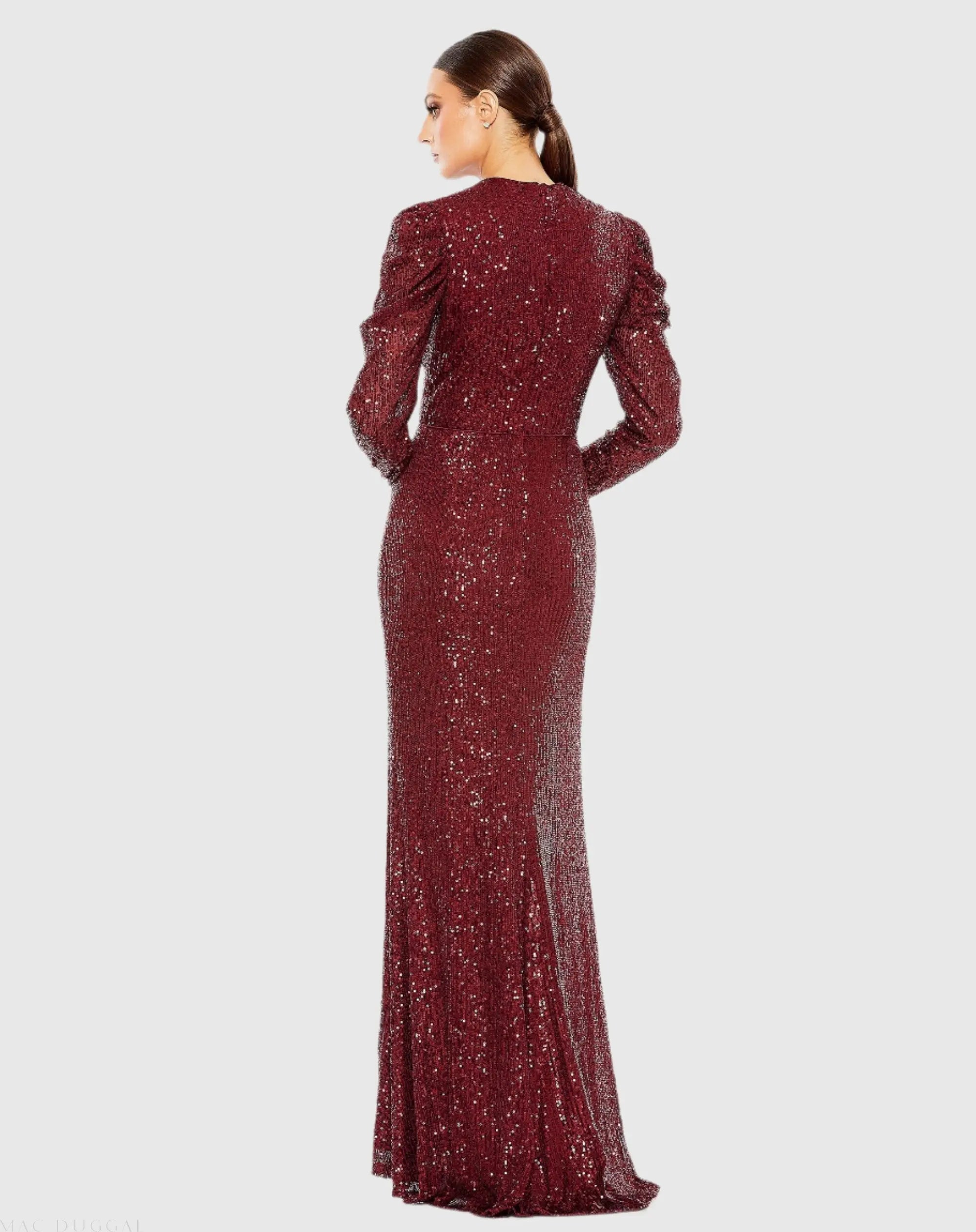 Red Sequined High Neck Puff Long Sleeve Column Gown - Mac Duggal