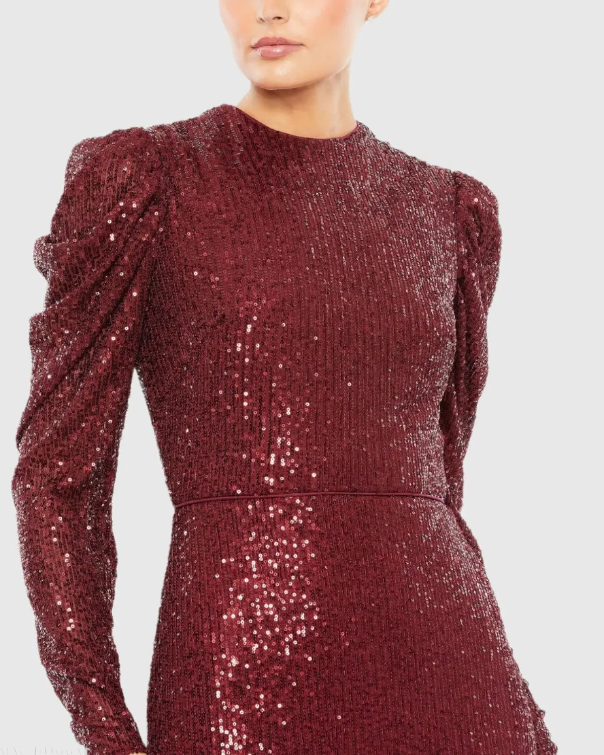 Red Sequined High Neck Puff Long Sleeve Column Gown - Mac Duggal