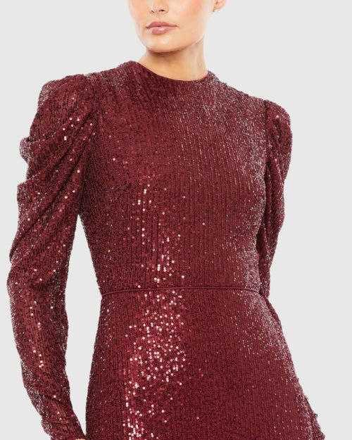 Sequined High Neck Puff Long Sleeve Column Gown