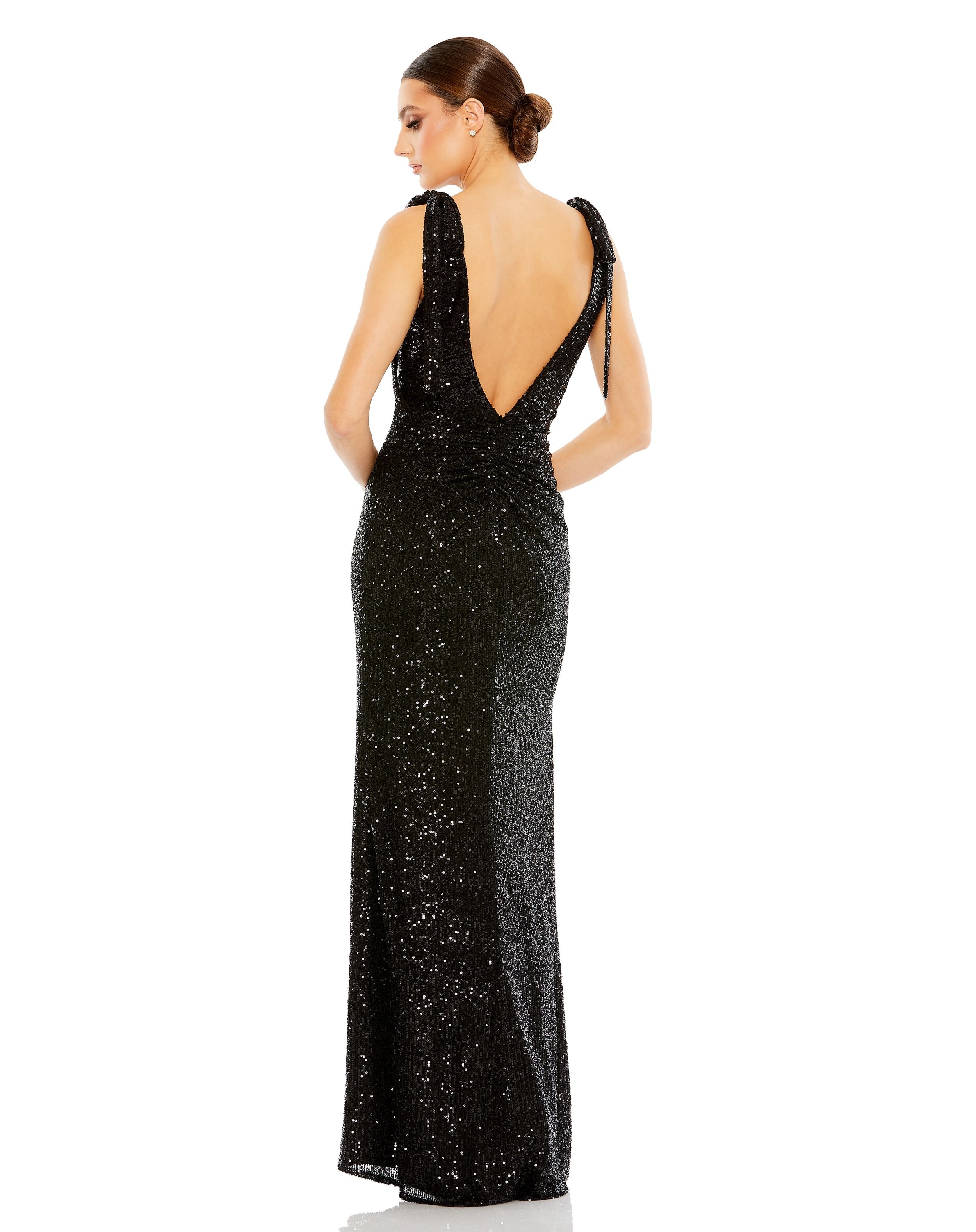 Sequined Low Back Bow Shoulder Gown - FINAL SALE