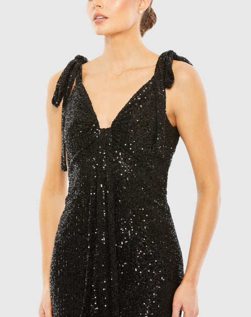 Robe à sequins avec nœud dans le dos et épaules dénudées