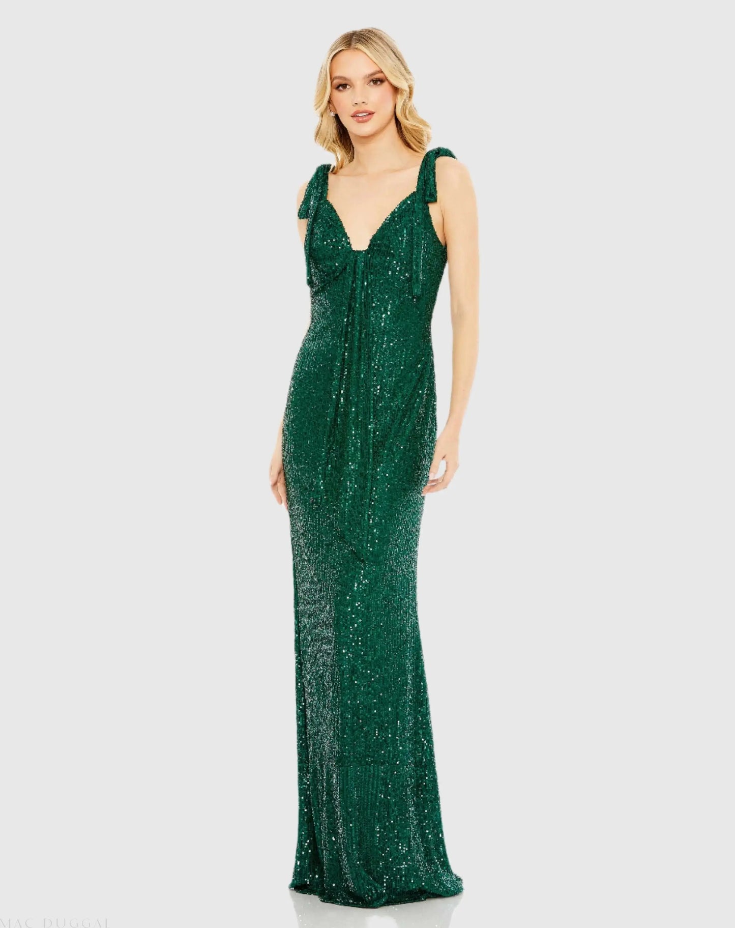 Green Sequined Low Back Bow Shoulder Gown - Ieena for Mac Duggal