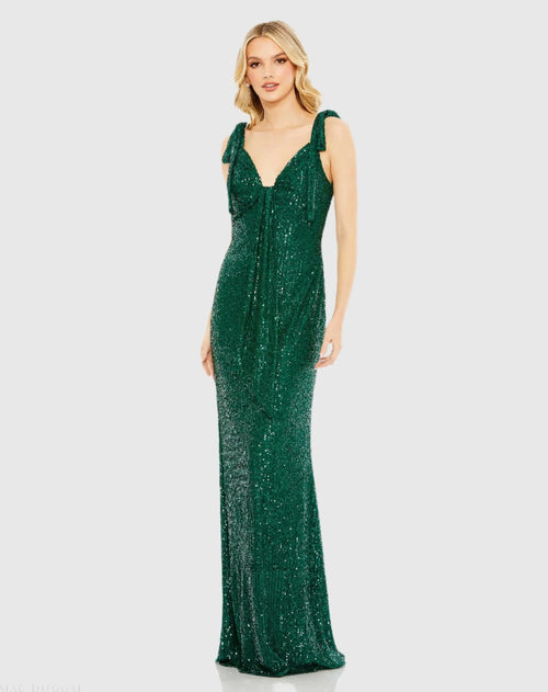 Green Sequined Low Back Bow Shoulder Gown - Ieena for Mac Duggal