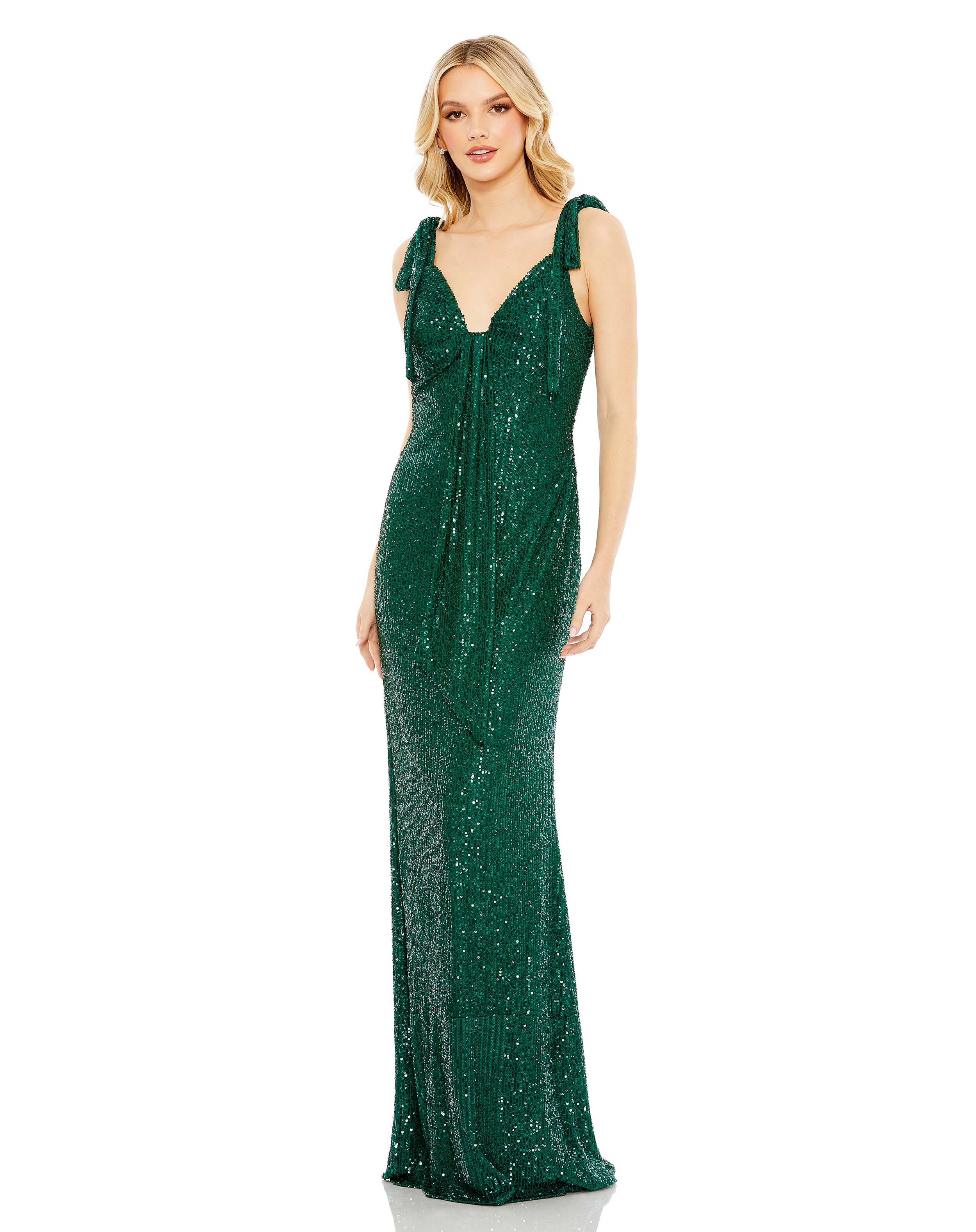 Sequined Low Back Bow Shoulder Gown