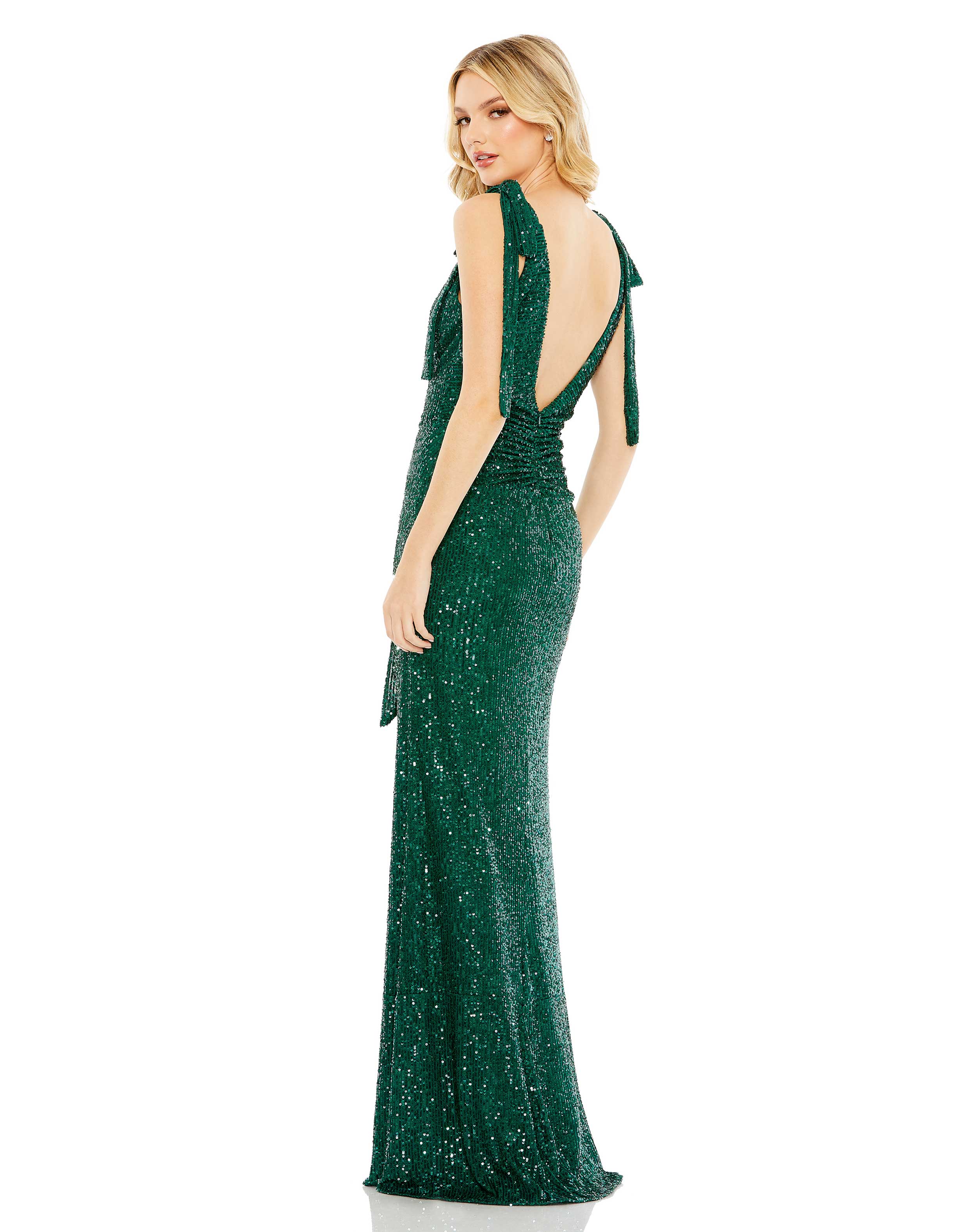 Sequined Low Back Bow Shoulder Gown