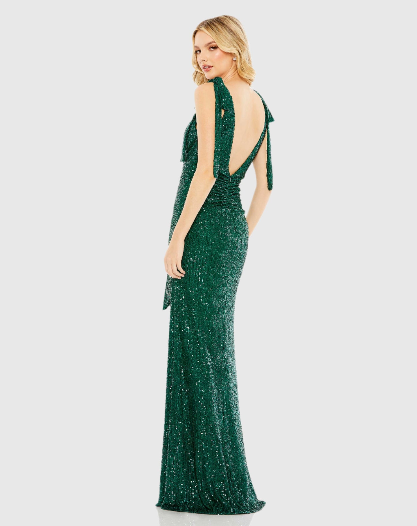 Sequined Low Back Bow Shoulder Gown