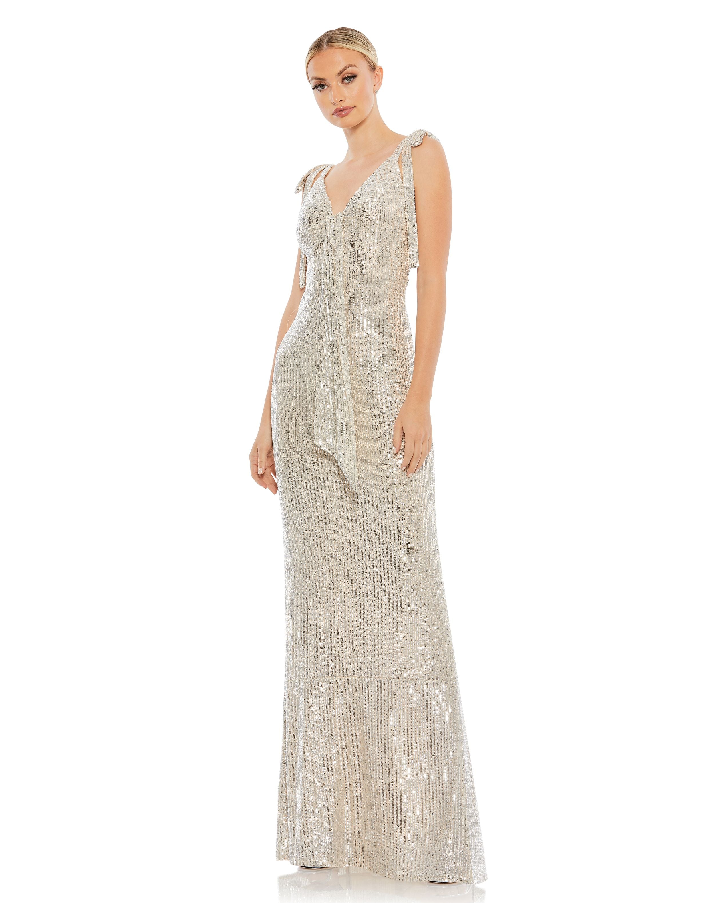 Sequined Low Back Bow Shoulder Gown | Sample | Sz. 2