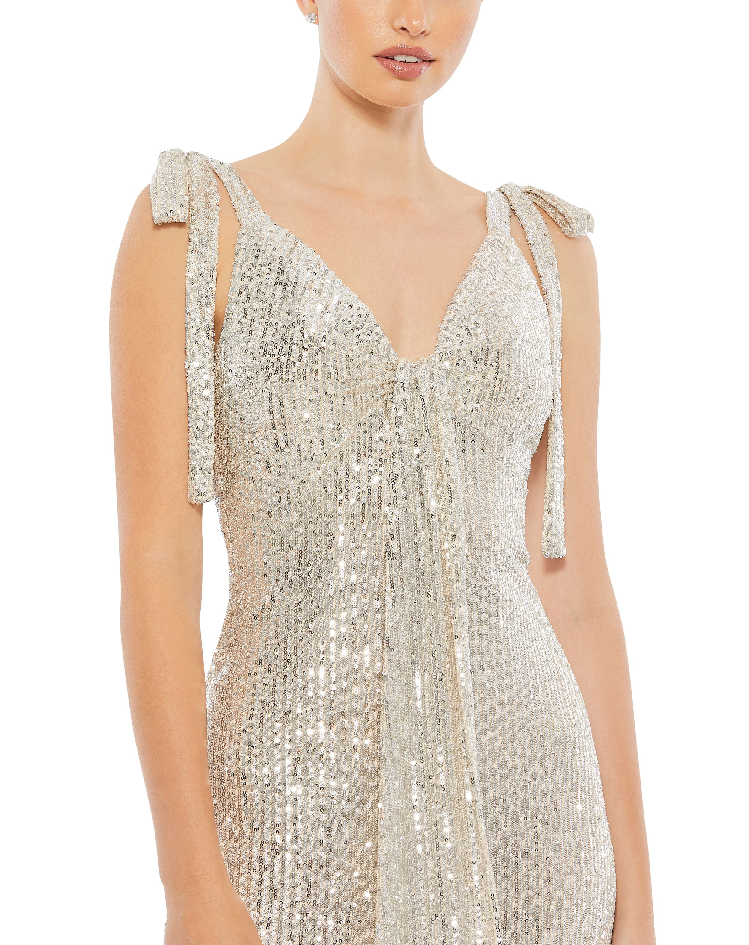 Sequined Low Back Bow Shoulder Gown | Sample | Sz. 2