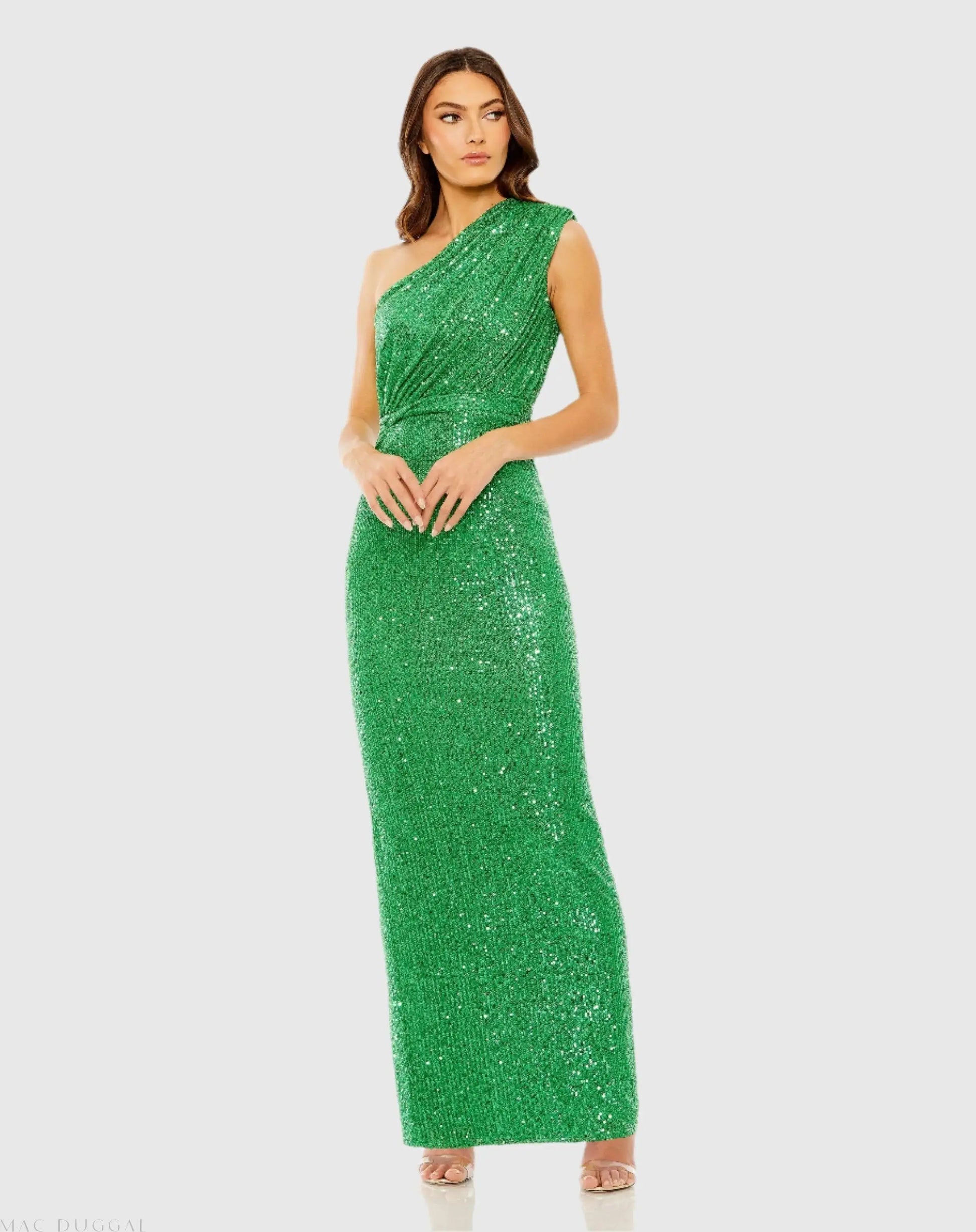Green Sequined Ruched One Shoulder Gown - Ieena for Mac Duggal