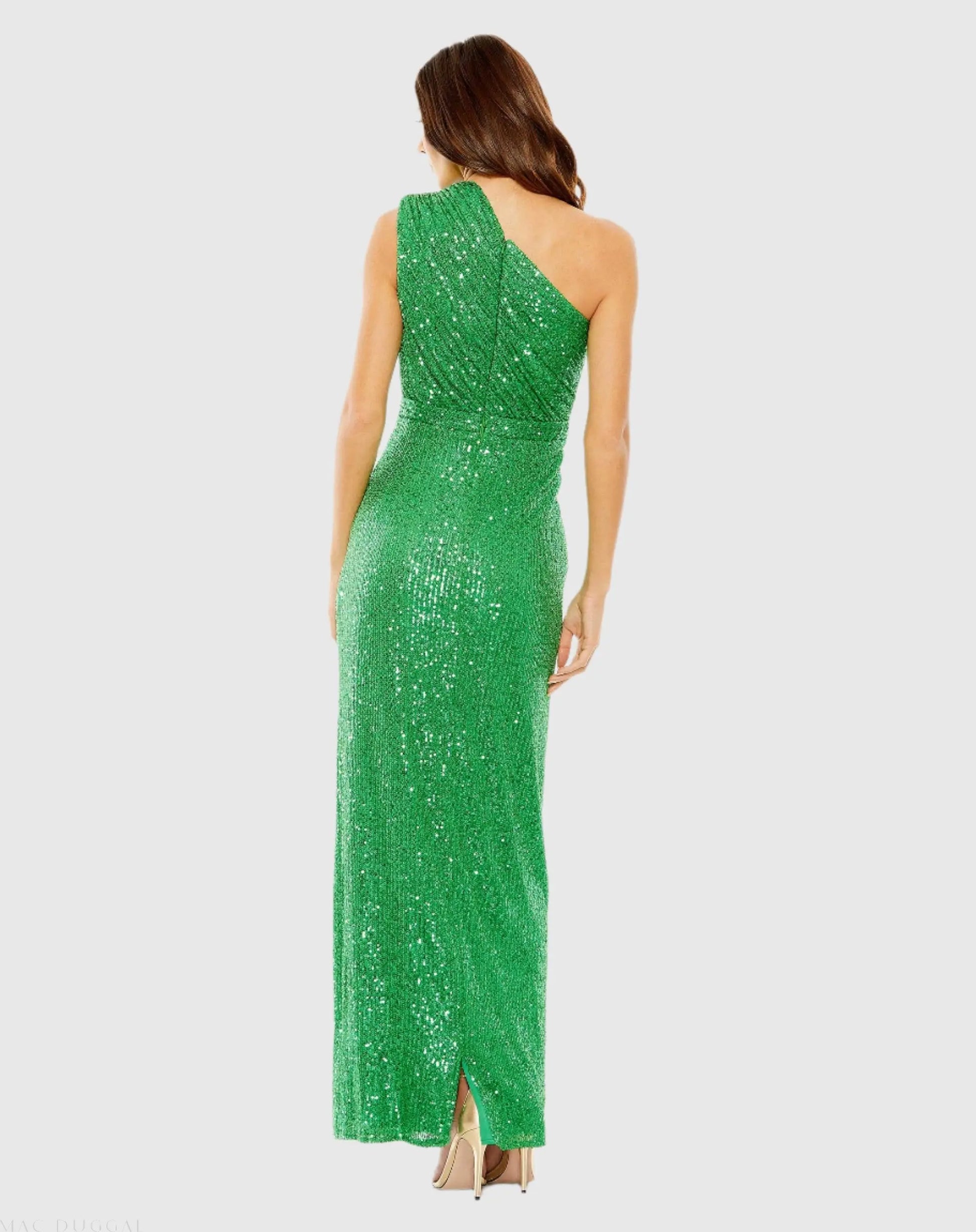Green Sequined Ruched One Shoulder Gown - Mac Duggal Green Sequined Ruched One Shoulder Gown - Mac Duggal
