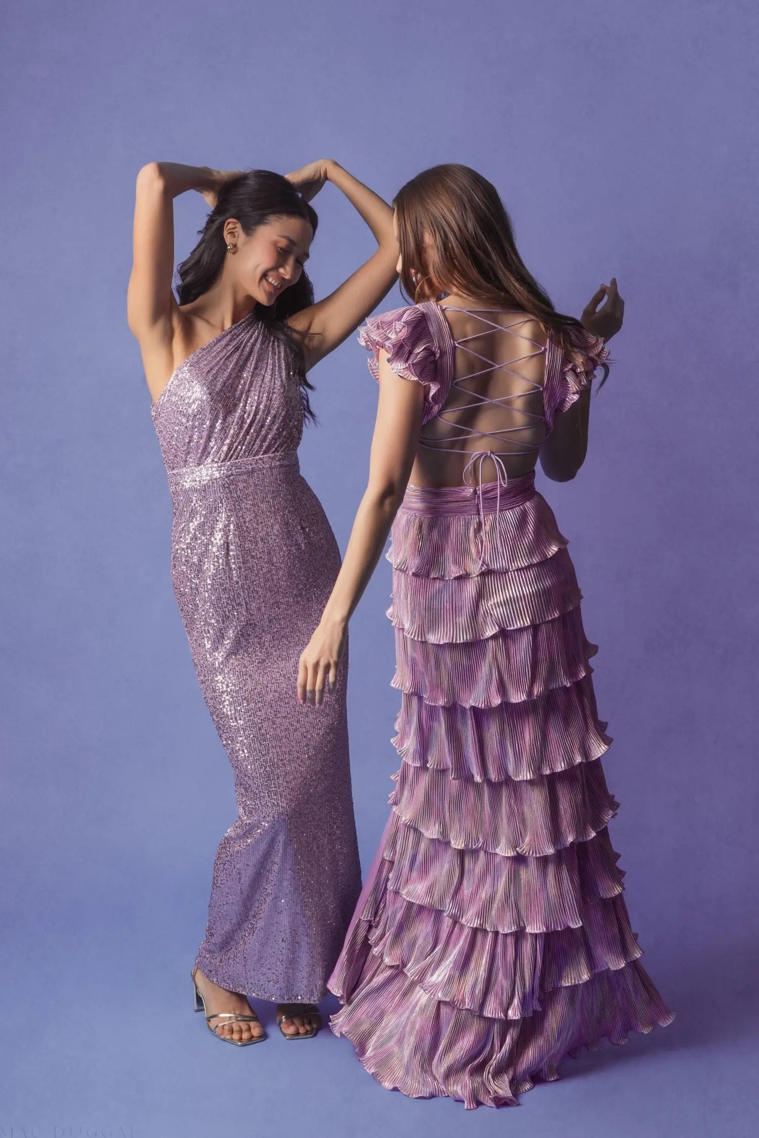 Purple Ruffle Tiered Criss Cross Lace Up Gown - Ieena for Mac Duggal