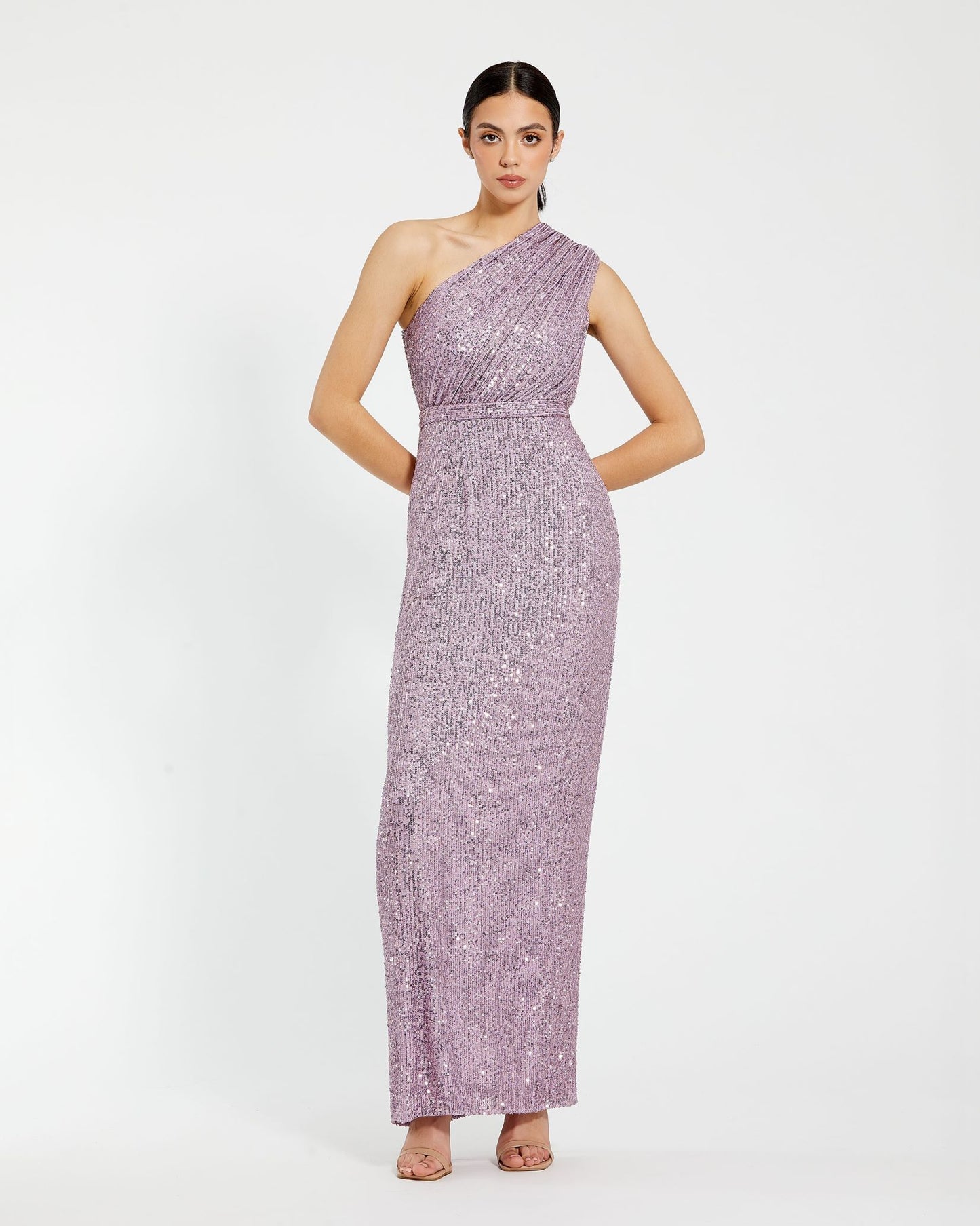 Sequined Ruched One Shoulder Gown