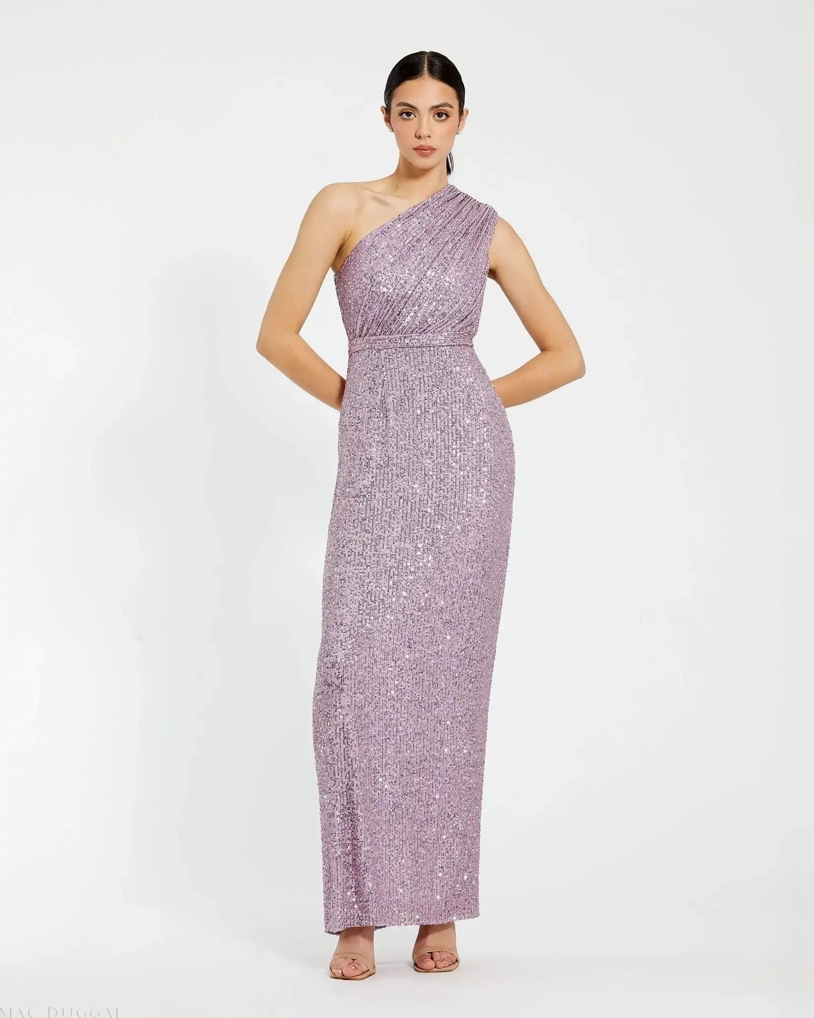 Purple Sequined Ruched One Shoulder Gown - Ieena for Mac Duggal