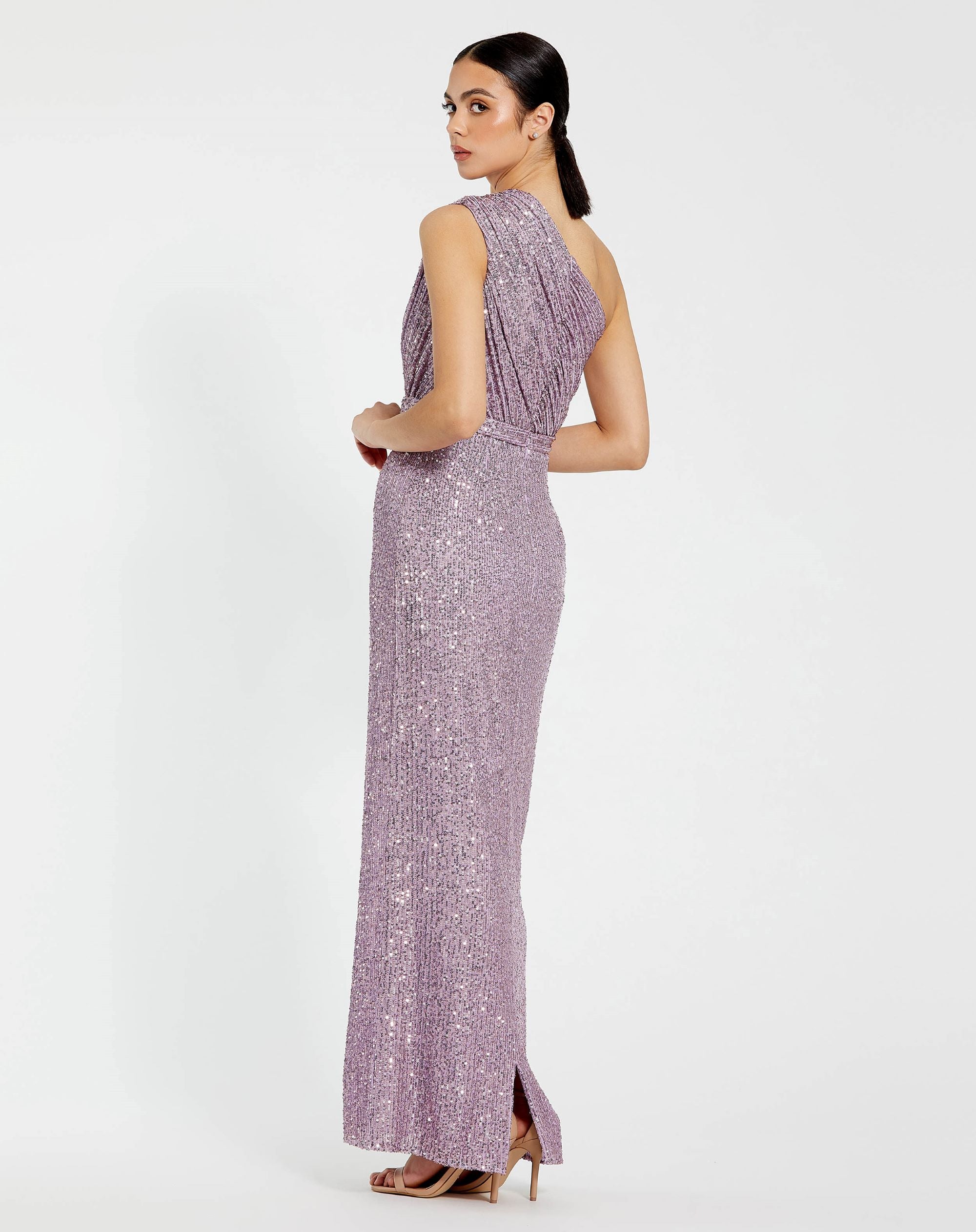 Sequined Ruched One Shoulder Gown