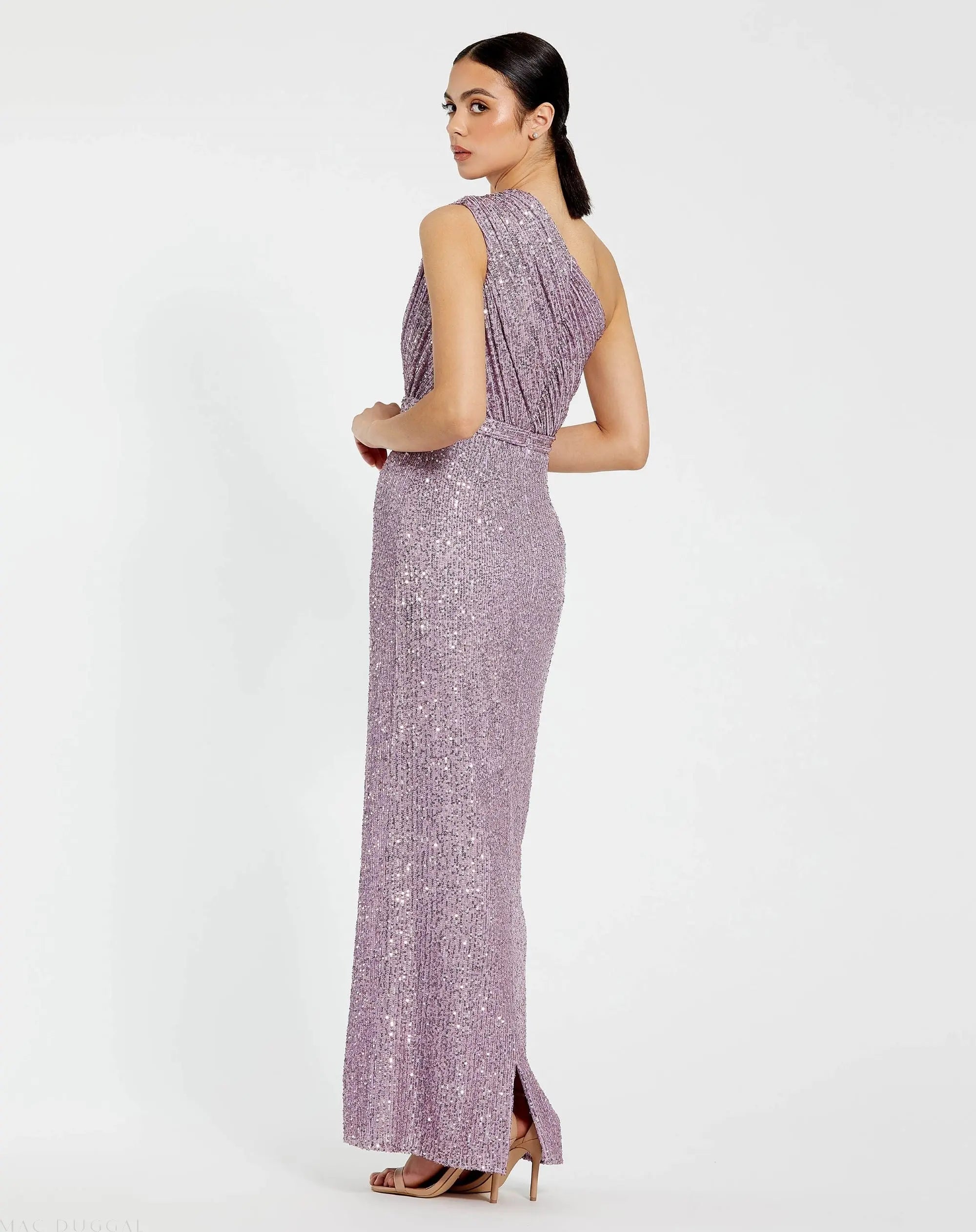 Purple Sequined Ruched One Shoulder Gown - Ieena for Mac Duggal