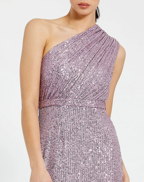 Purple Sequined Ruched One Shoulder Gown