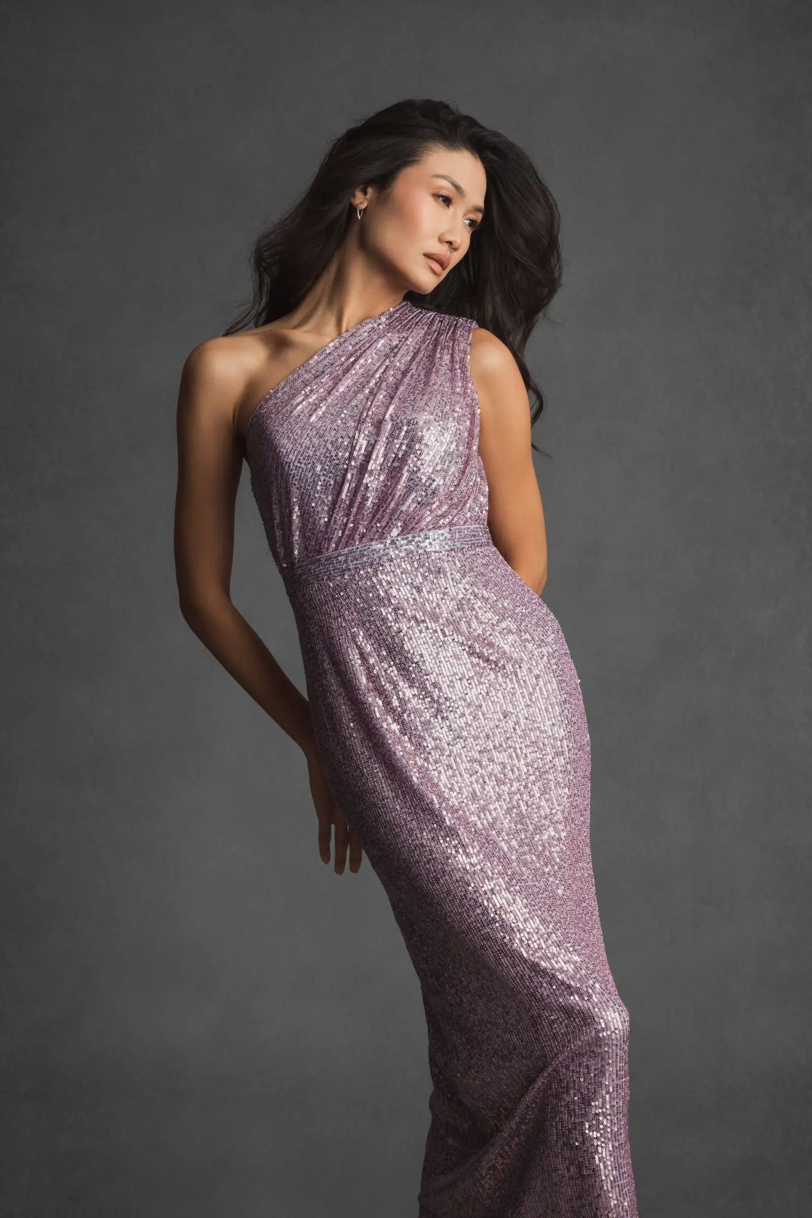 Purple Sequined Ruched One Shoulder Gown - Ieena for Mac Duggal