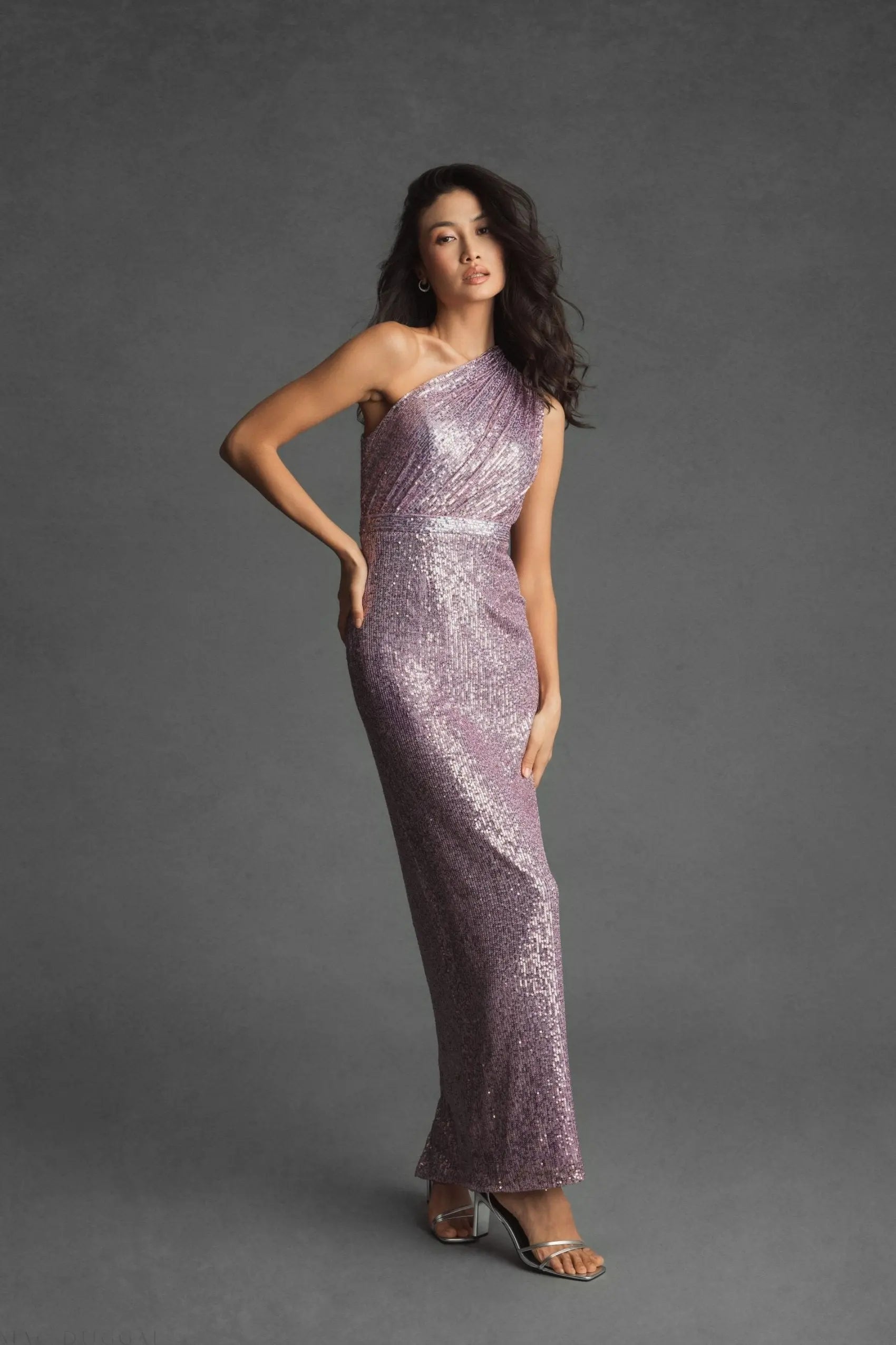 Purple Sequined Ruched One Shoulder Gown - Ieena for Mac Duggal