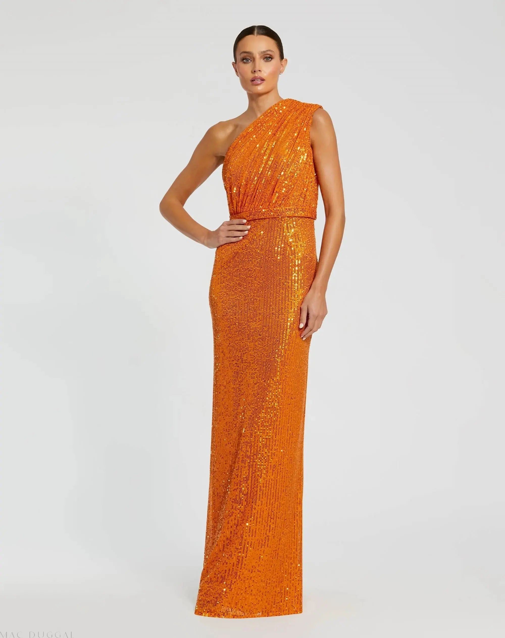 Orange Sequined Ruched One Shoulder Gown - Mac Duggal