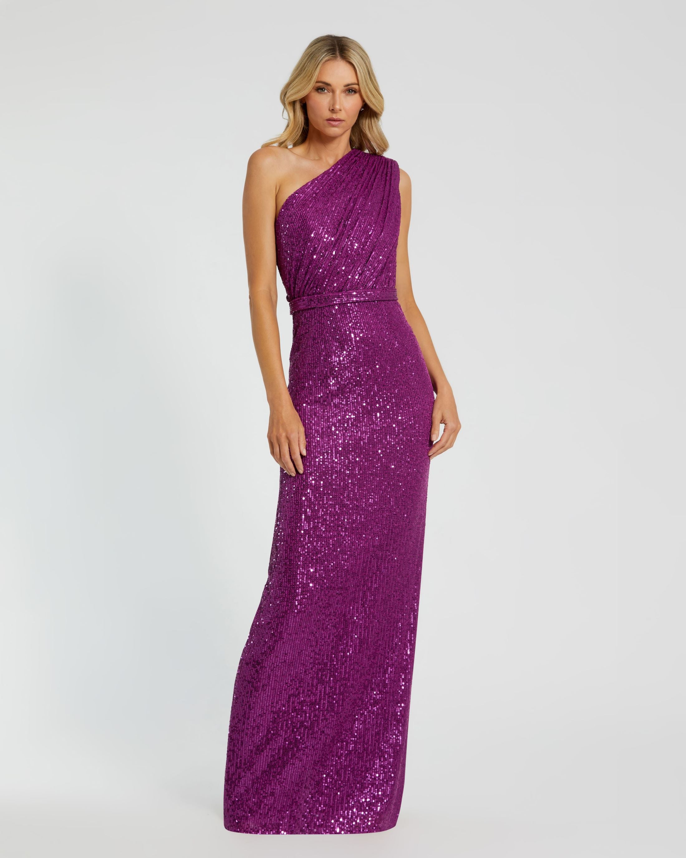 Sequined Ruched One Shoulder Gown – Mac Duggal